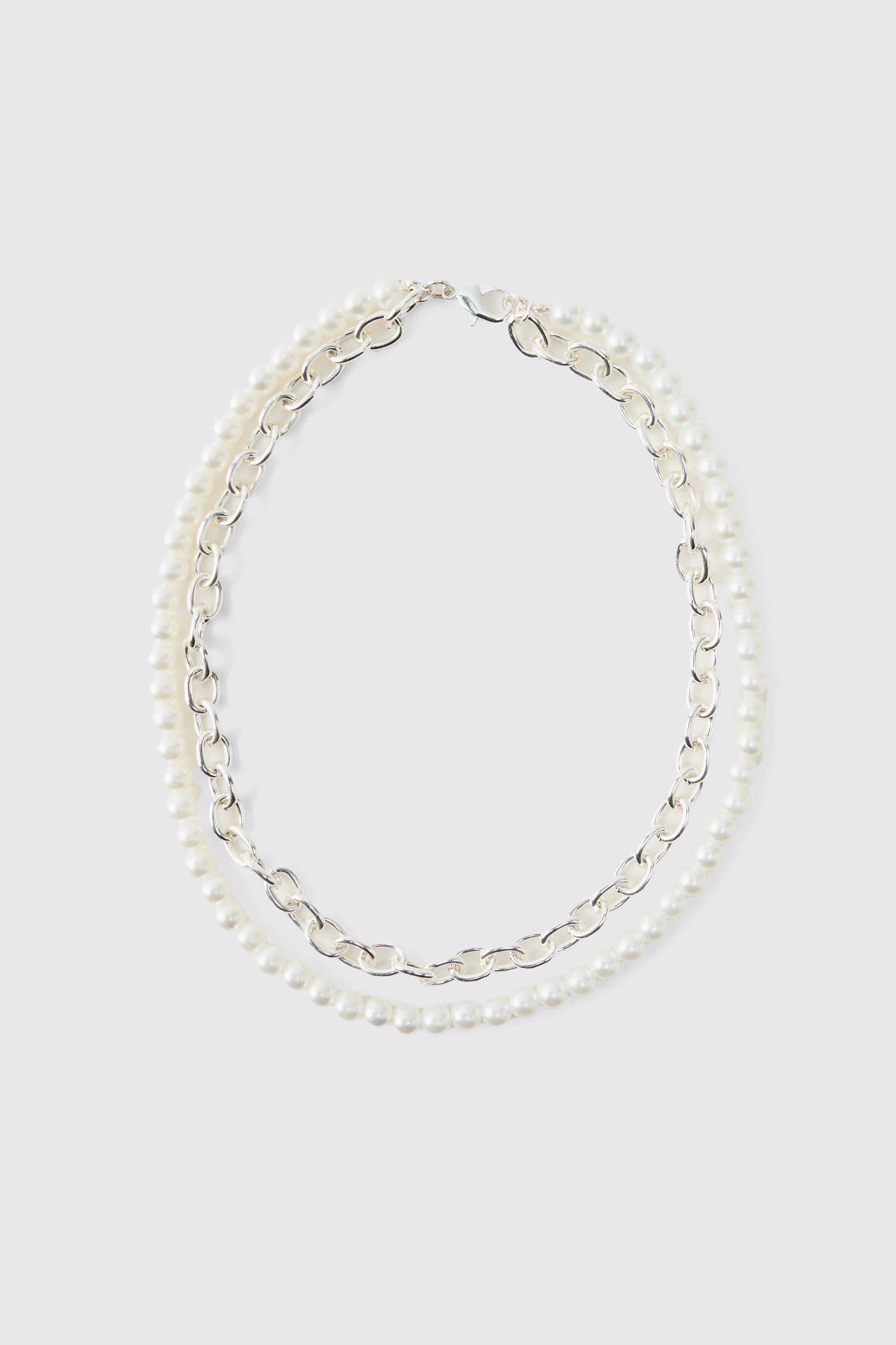 Collana a più fili con perle e catena, Bianco