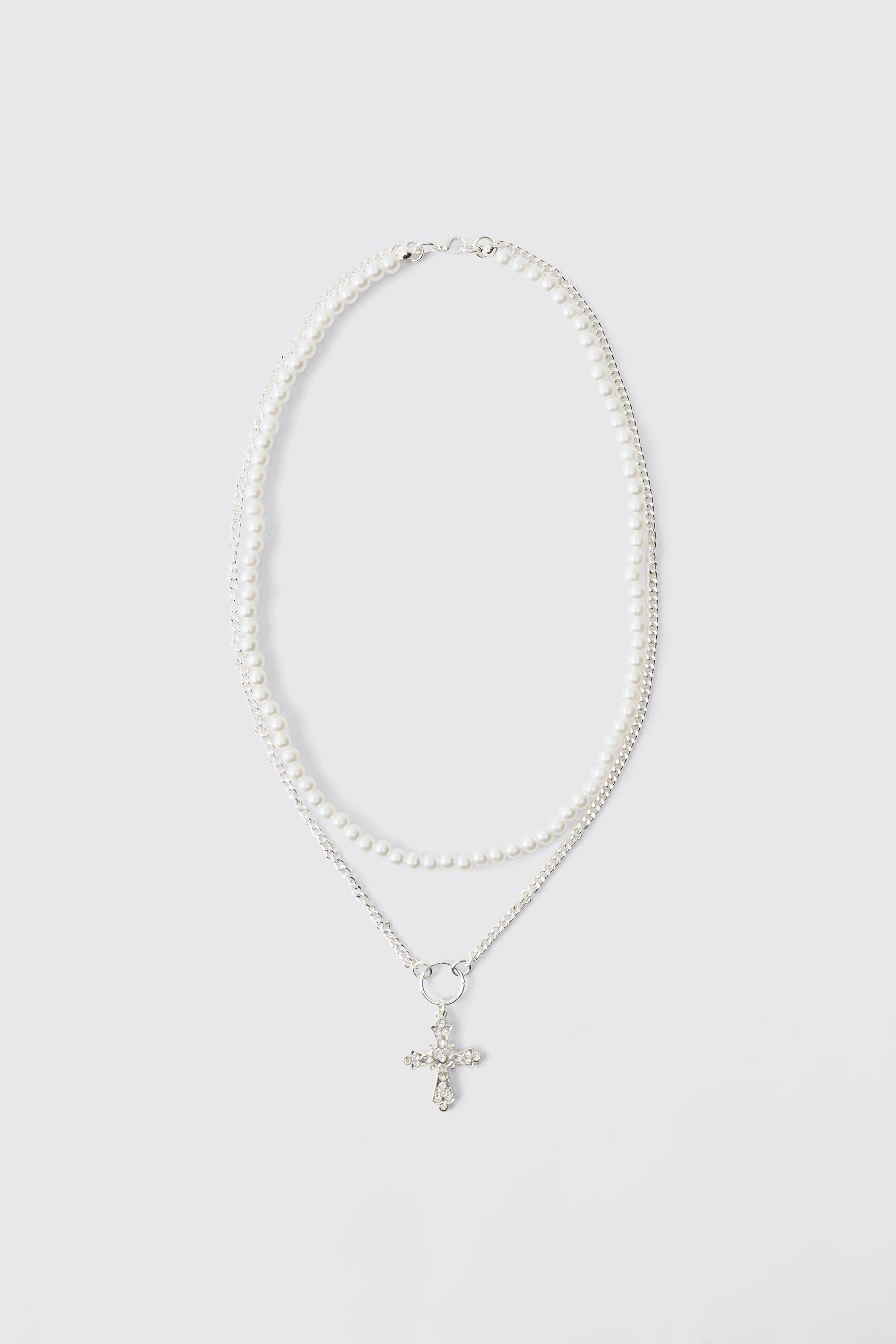 Collana a più fili con croce di perle, Bianco