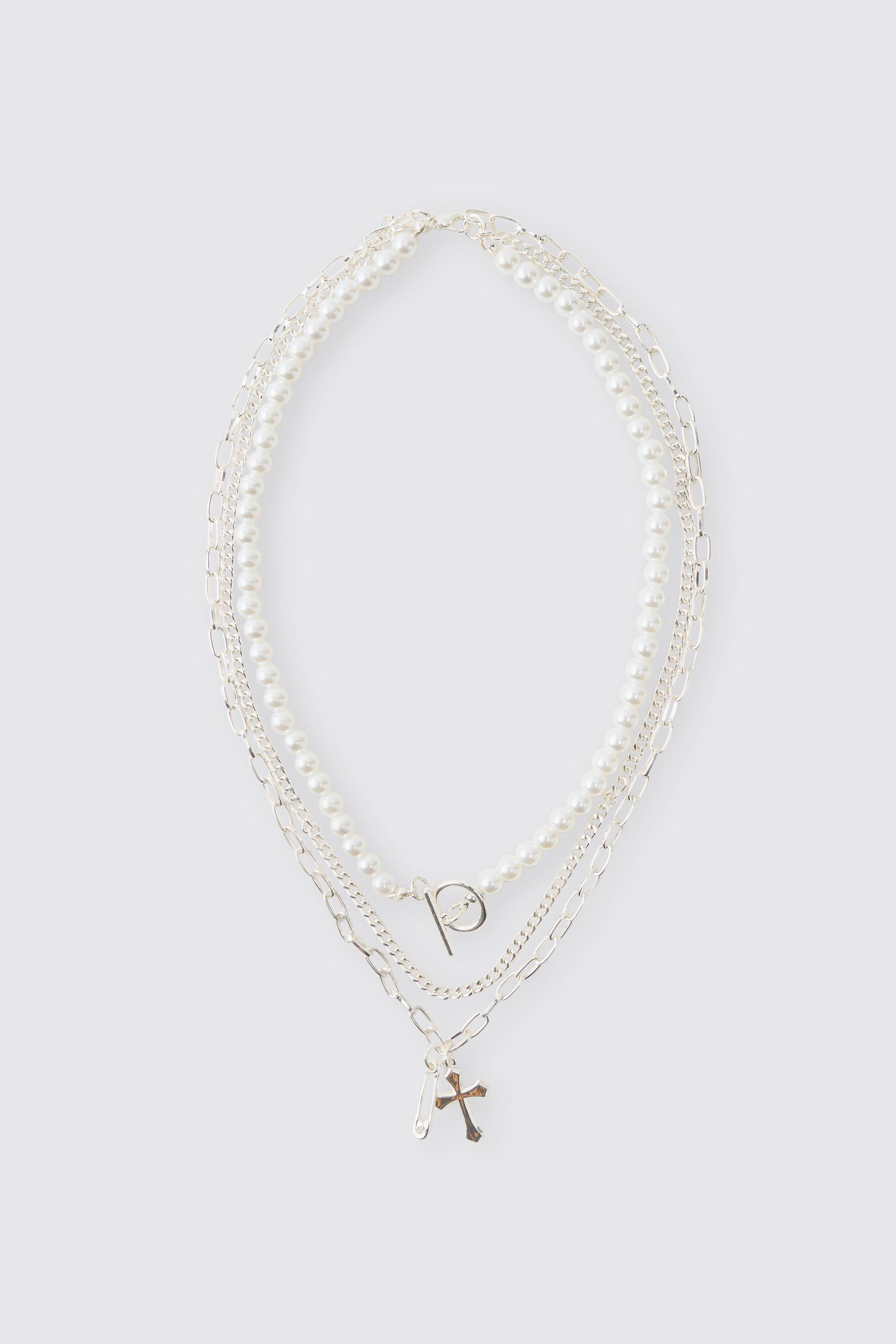 Collana a più fili con croce e dettagli, Grigio