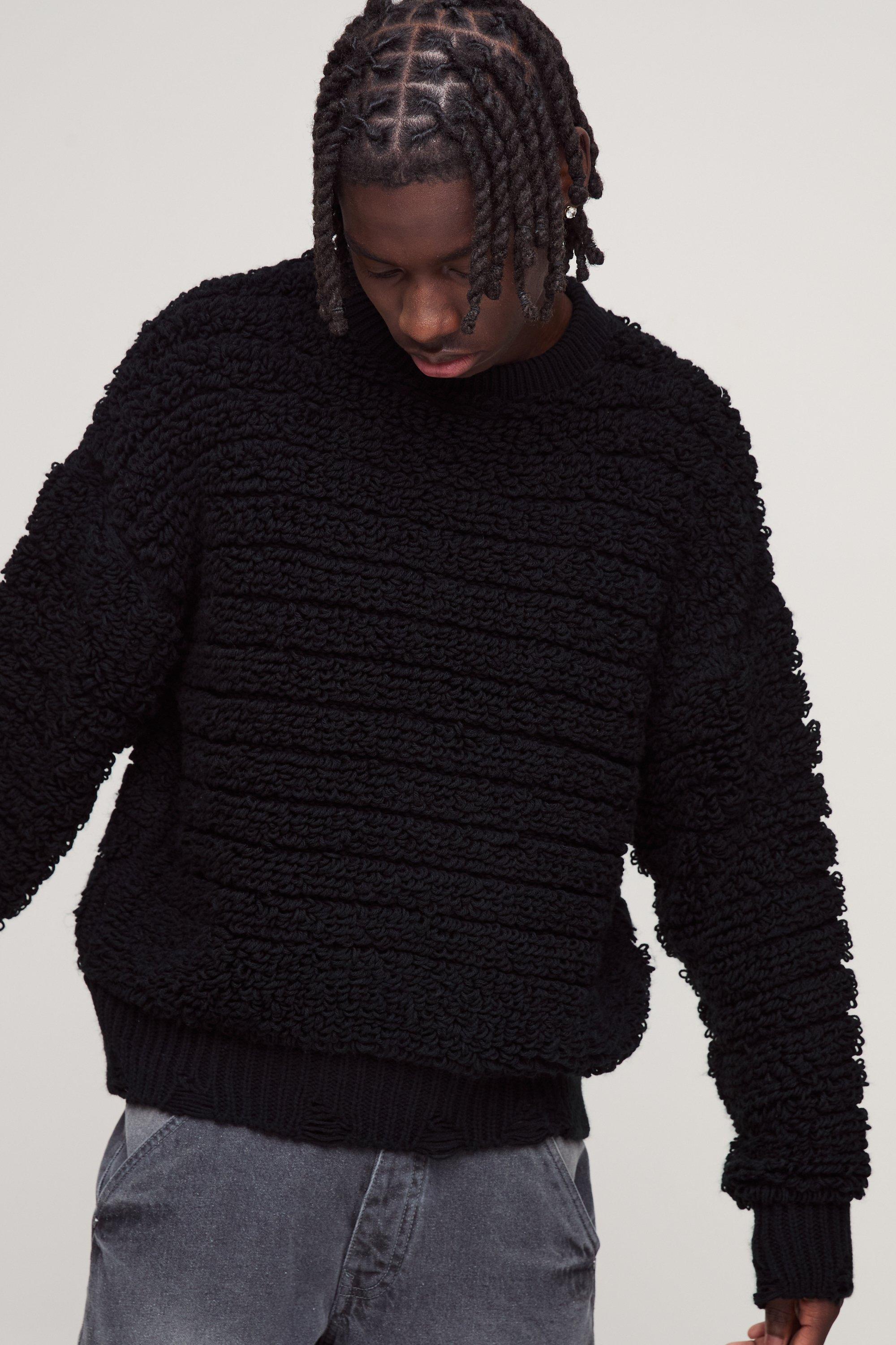 Maglione squadrato oversize in maglia con trama e smagliature, Nero