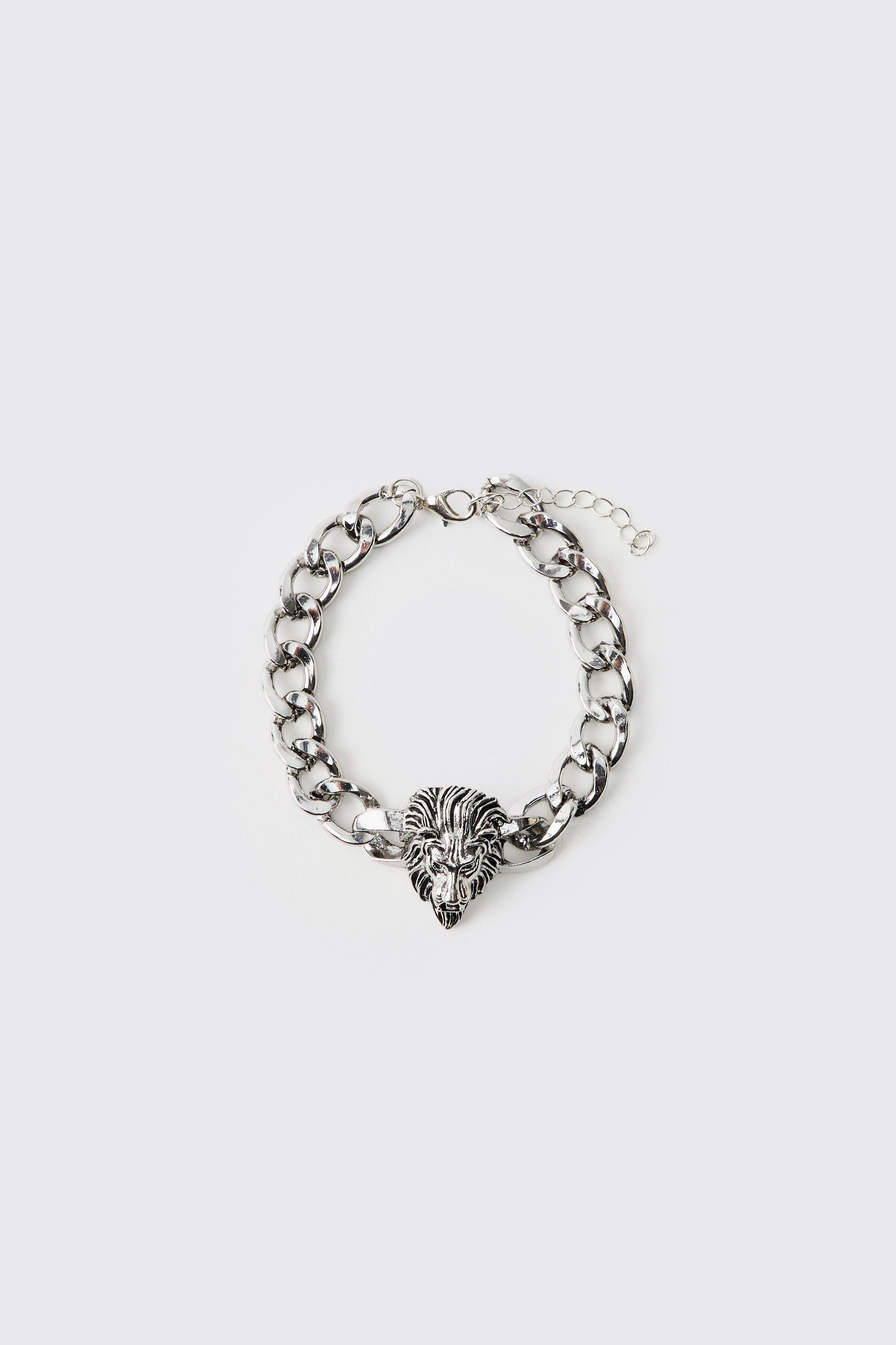 Bracciale in metallo color argento con leone, Grigio
