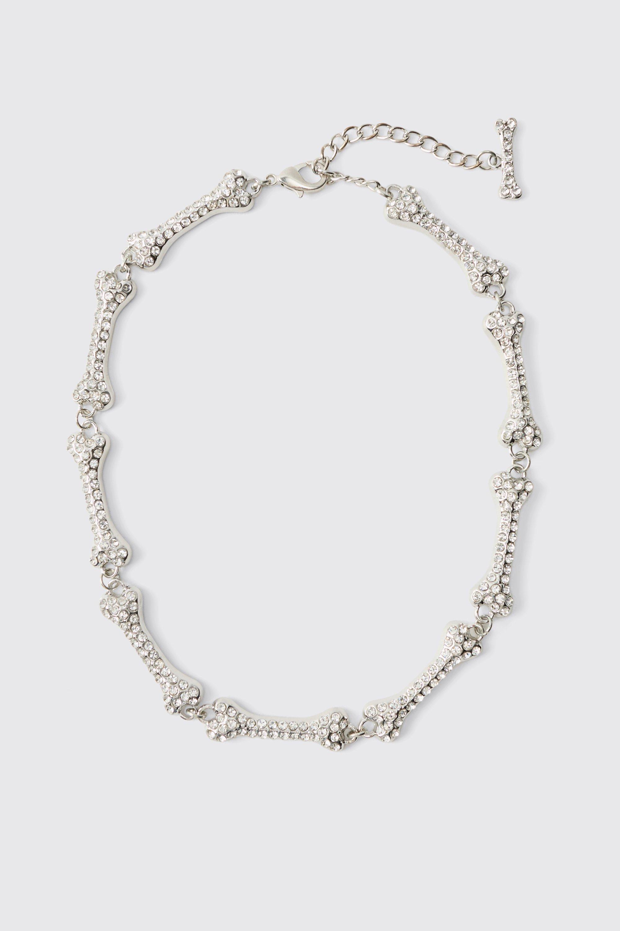 Mens Grey Iced Out Silver Bone Necklace, Grey