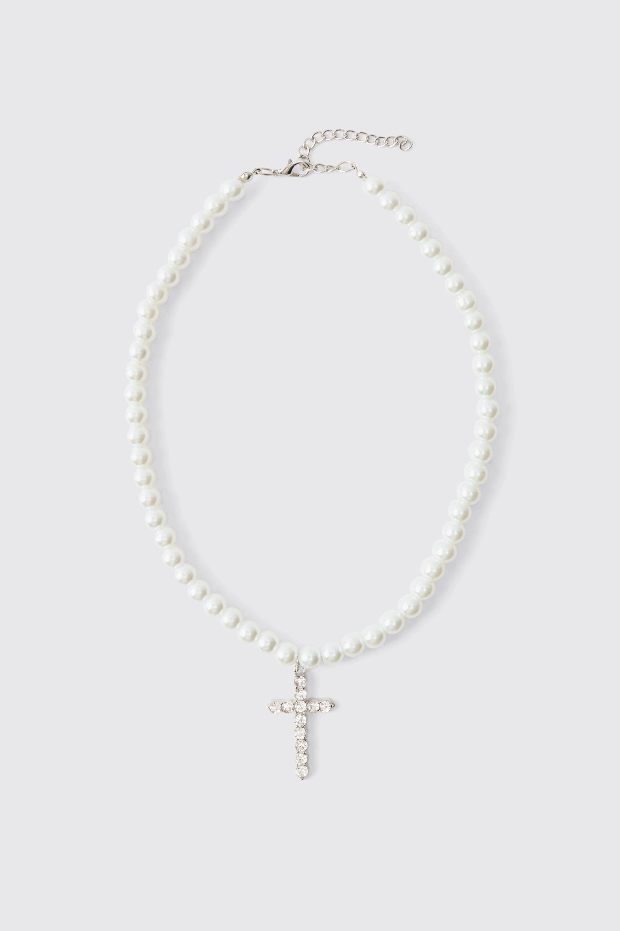 Mens White Pearl Necklace with Cross, White
