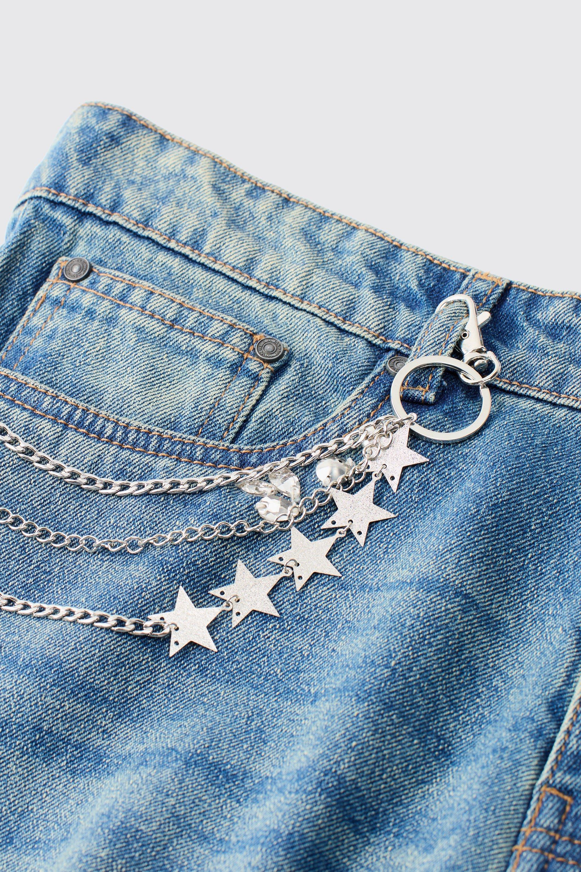 Mens Grey Layered Jean Chain with Stars, Grey