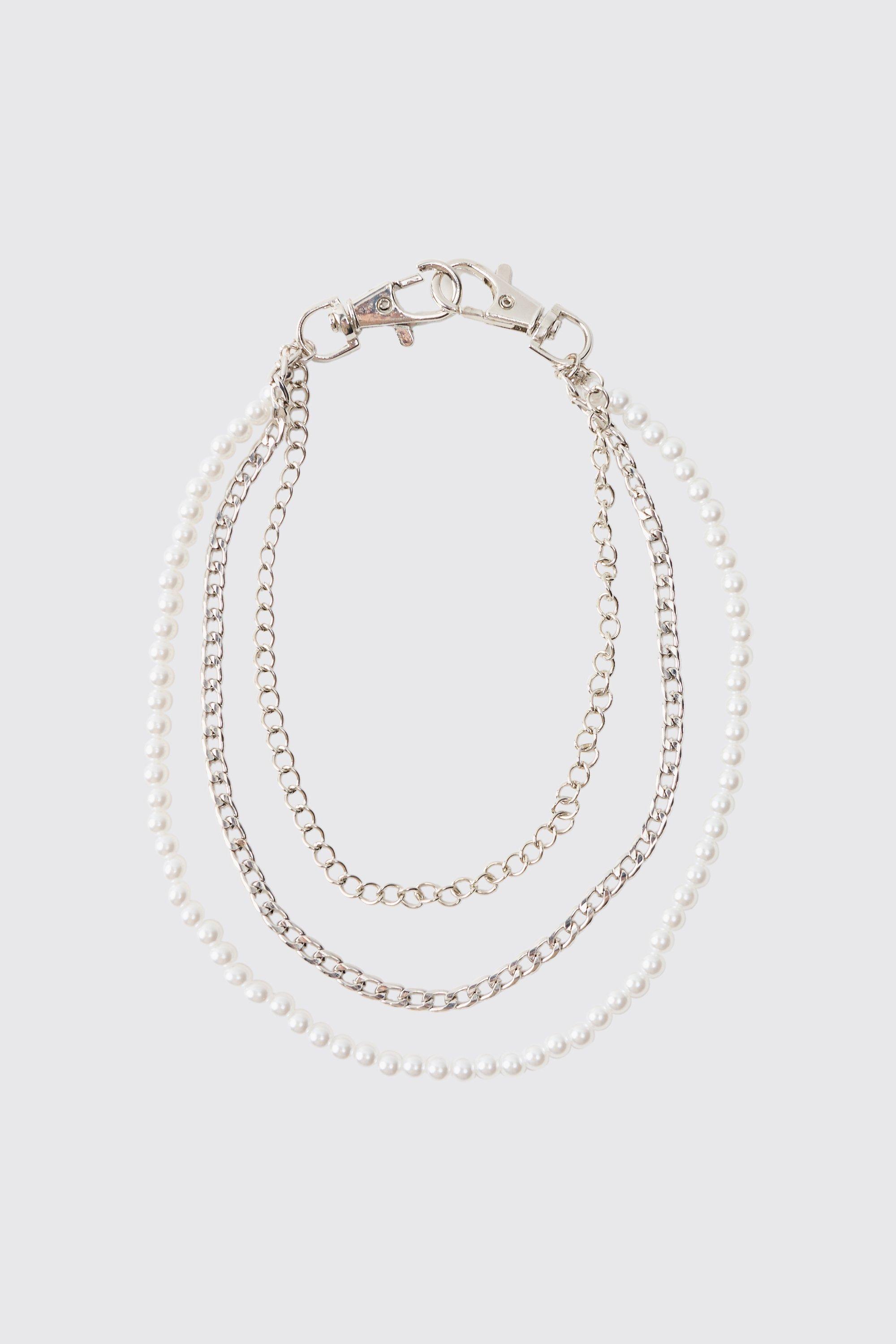 Mens Grey Layered Jean Chain with Pearls, Grey