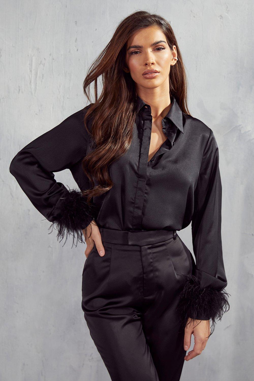 womens milan premium satin feather trim shirt - black - 12, black