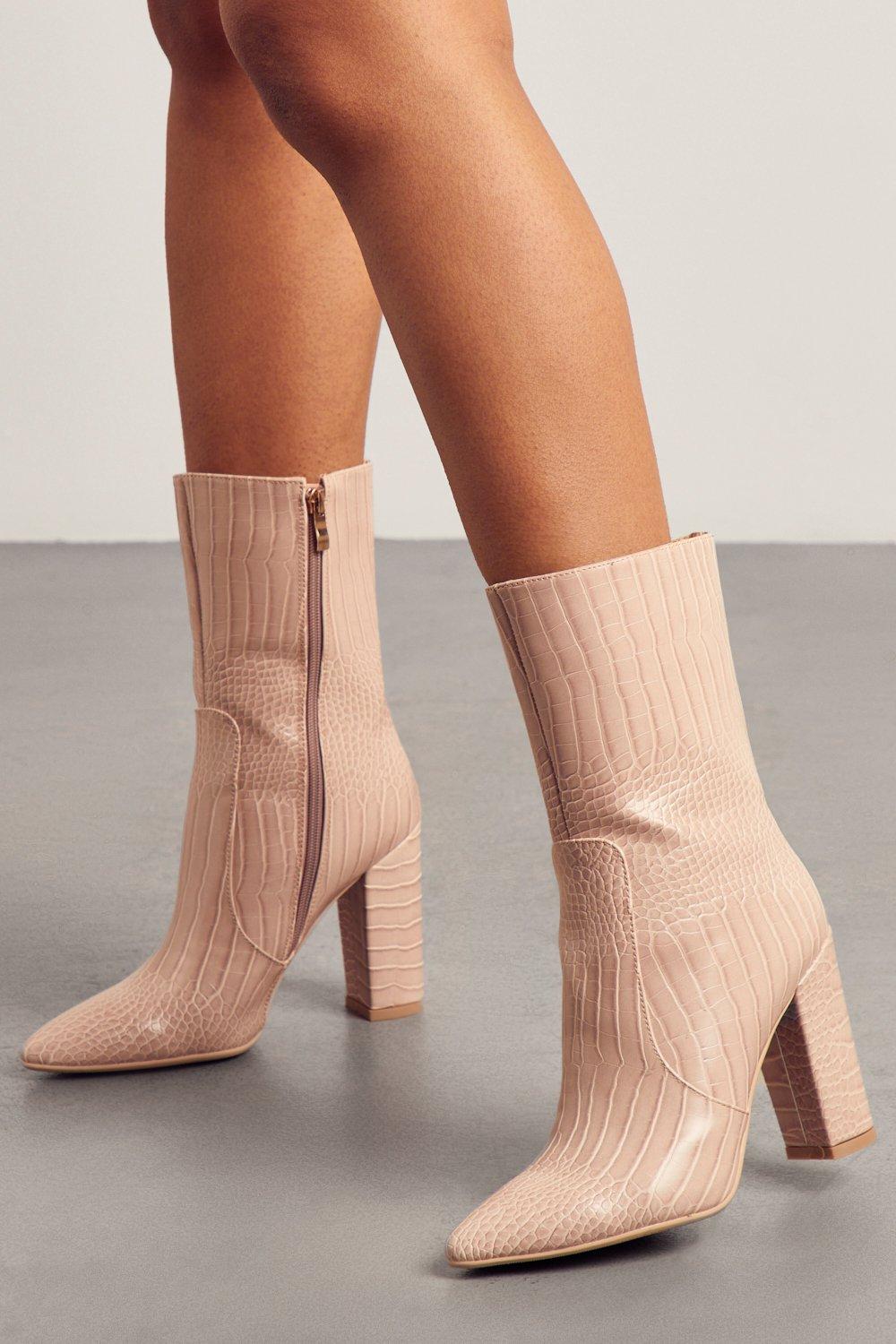 womens croc heeled ankle boots - nude - 3, nude