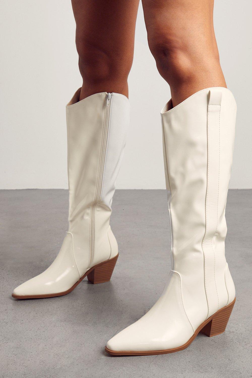 Womens High Shine Knee High Cowboy Boots - White - 3, White