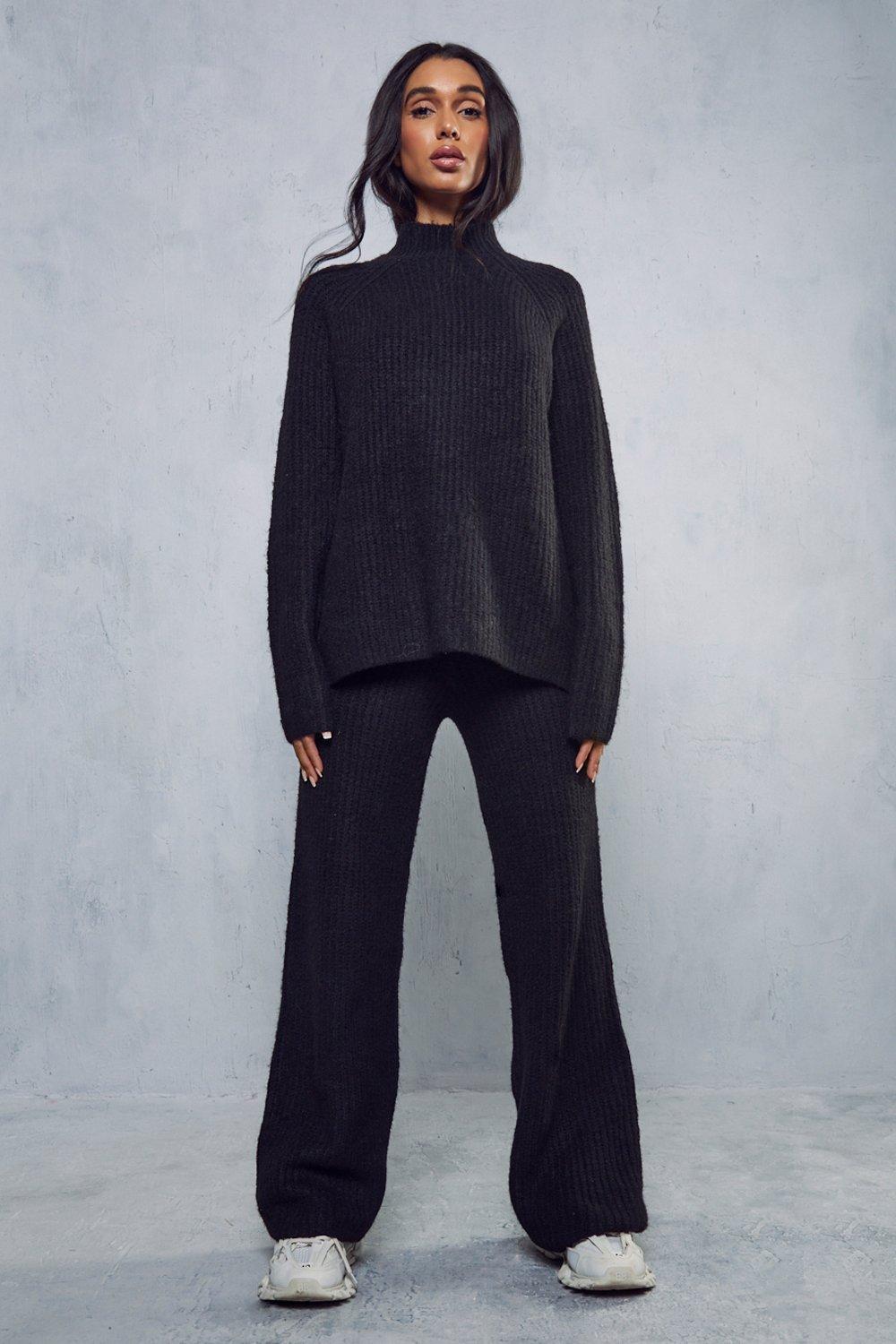 womens high neck rib knit trouser co-ord - black - l/xl, black