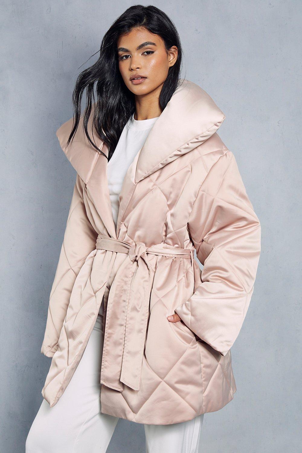 Womens Belted Oversized Quilted Coat - Camel - 6, Camel