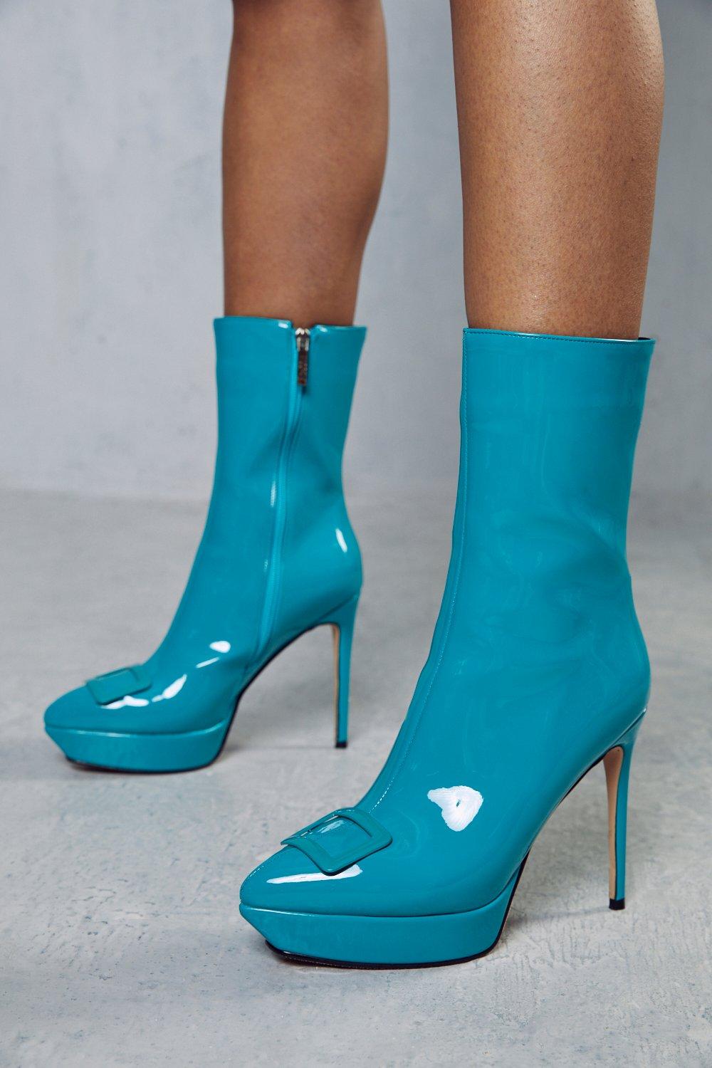 womens high shine buckle detail ankle boots - teal - 3, teal
