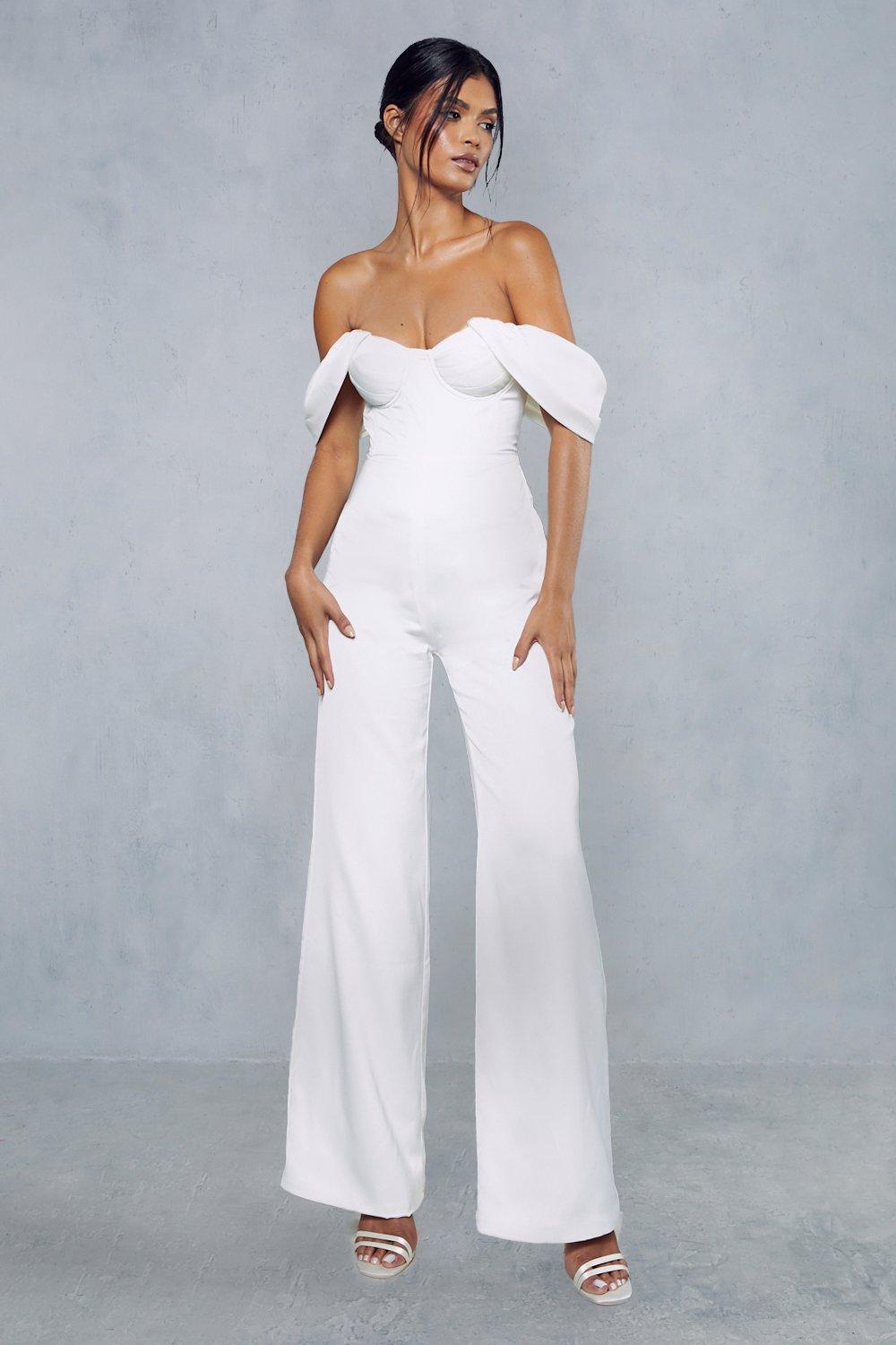 Womens Satin Corset Bardot Jumpsuit - Ivory - 8, Ivory