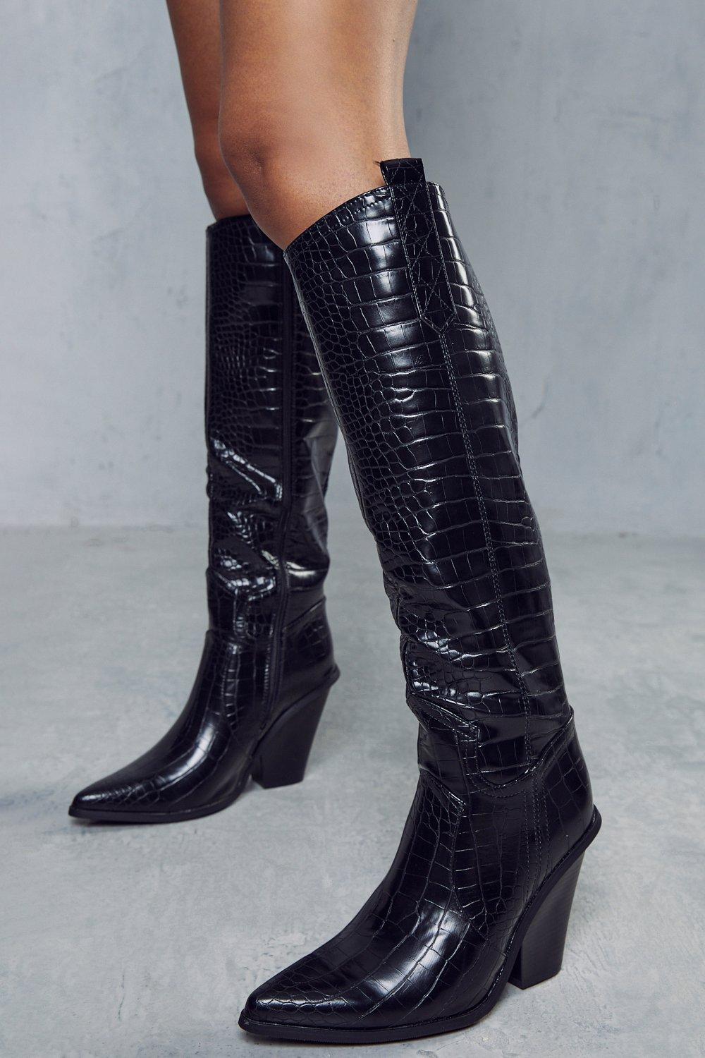 womens premium croc knee high cowboy boots - black - 8, black