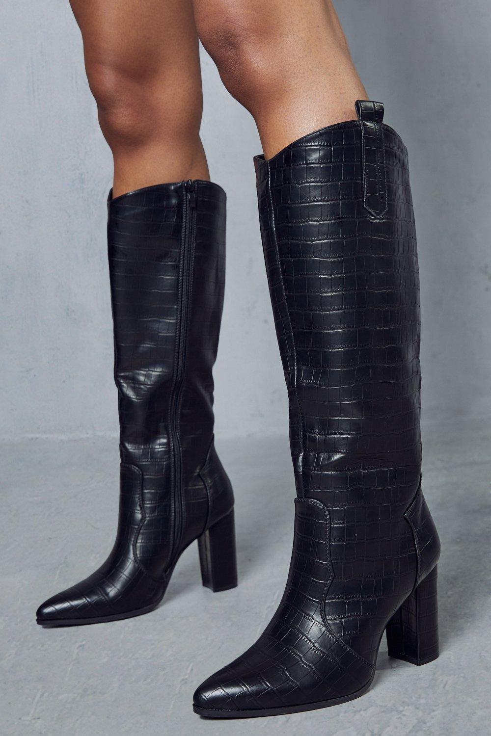 womens croc knee high western boots - black - 8, black