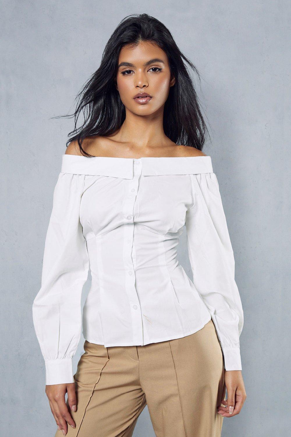 Womens Poplin Off The Shoulder Fitted Shirt - White - 6, White