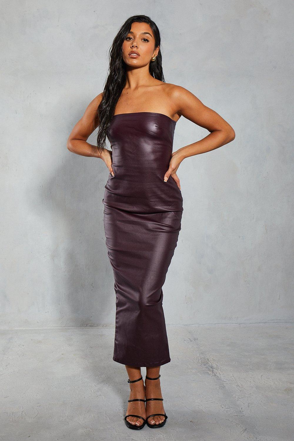 Womens Denim Coated Bandeau Split Back Maxi Dress - Burgundy - 14, Burgundy