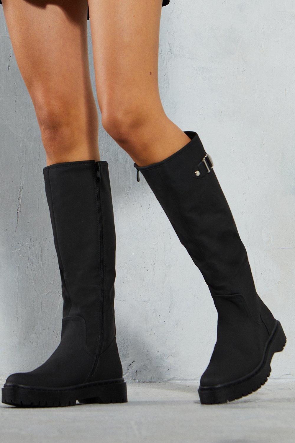 womens knee high buckle detail boots - black - 7, black