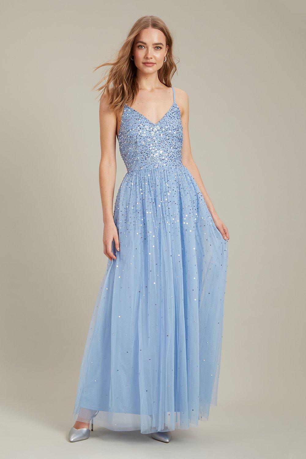Womens Embellished Strappy Tulle Maxi Dress