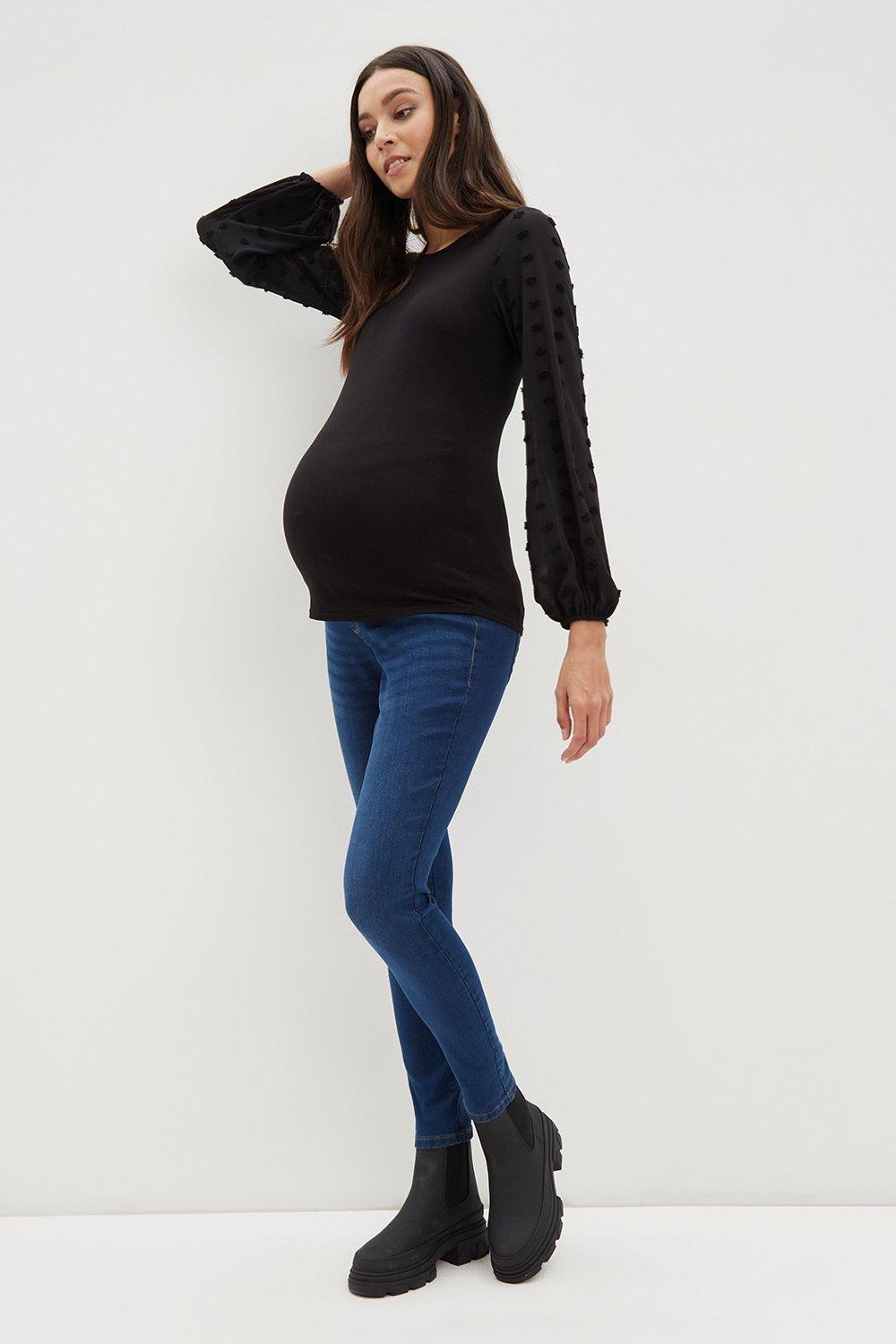 Womens Maternity Black Top with Woven Spot Textured Sleeve