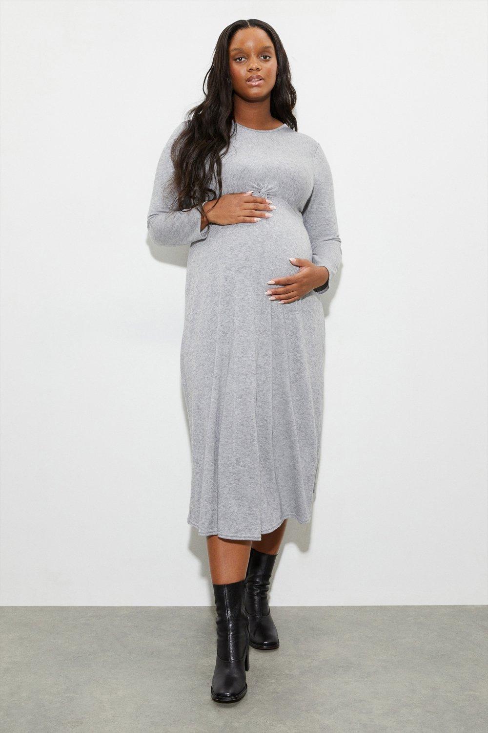 Womens Maternity Twist Front Long Sleeve Midi Dress