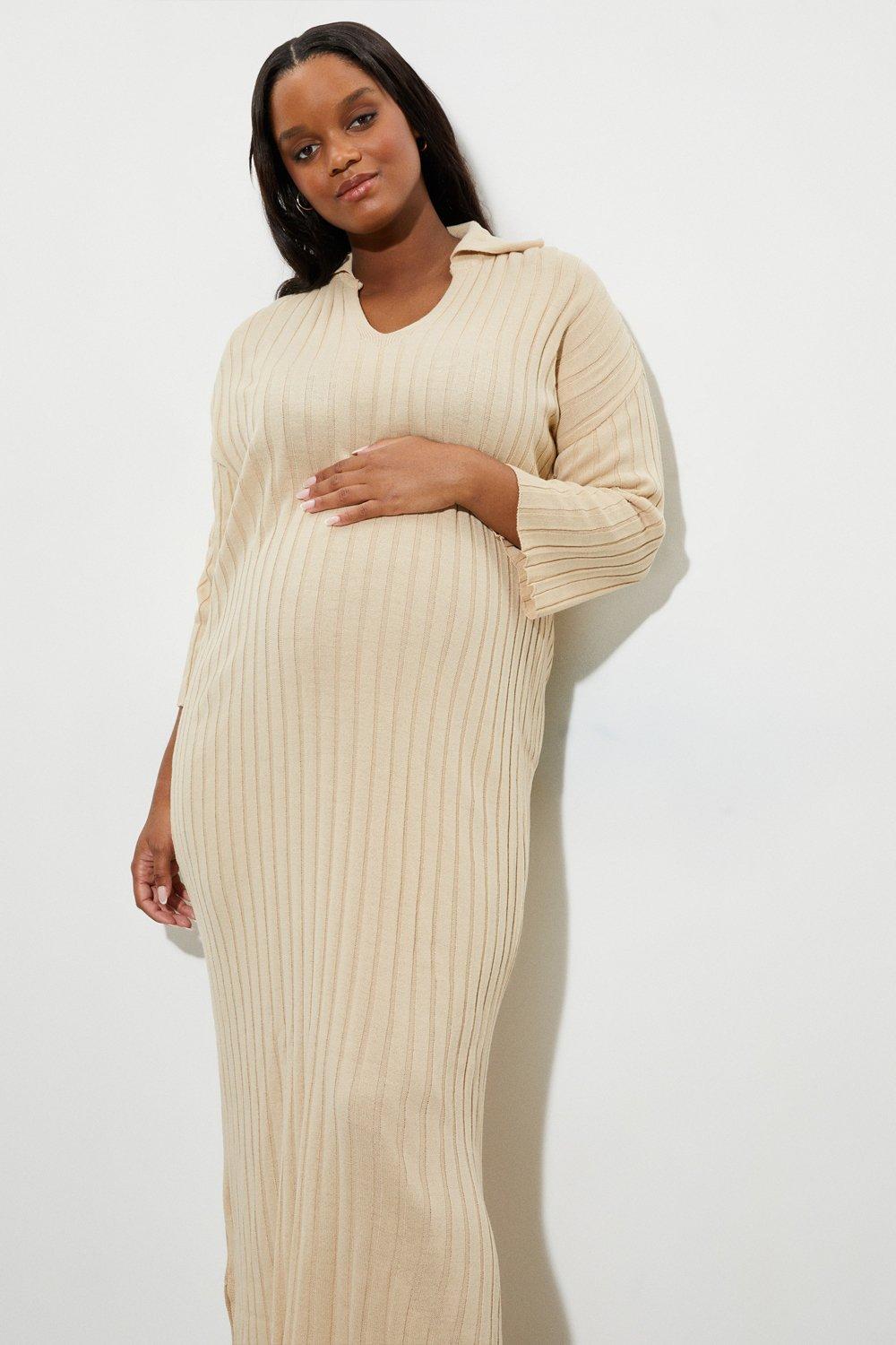 Womens Maternity Oversized Collar Knitted Midi Dress