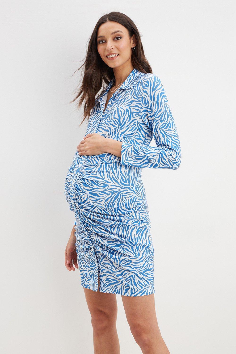 Womens Maternity Blue Printed Collar Dress
