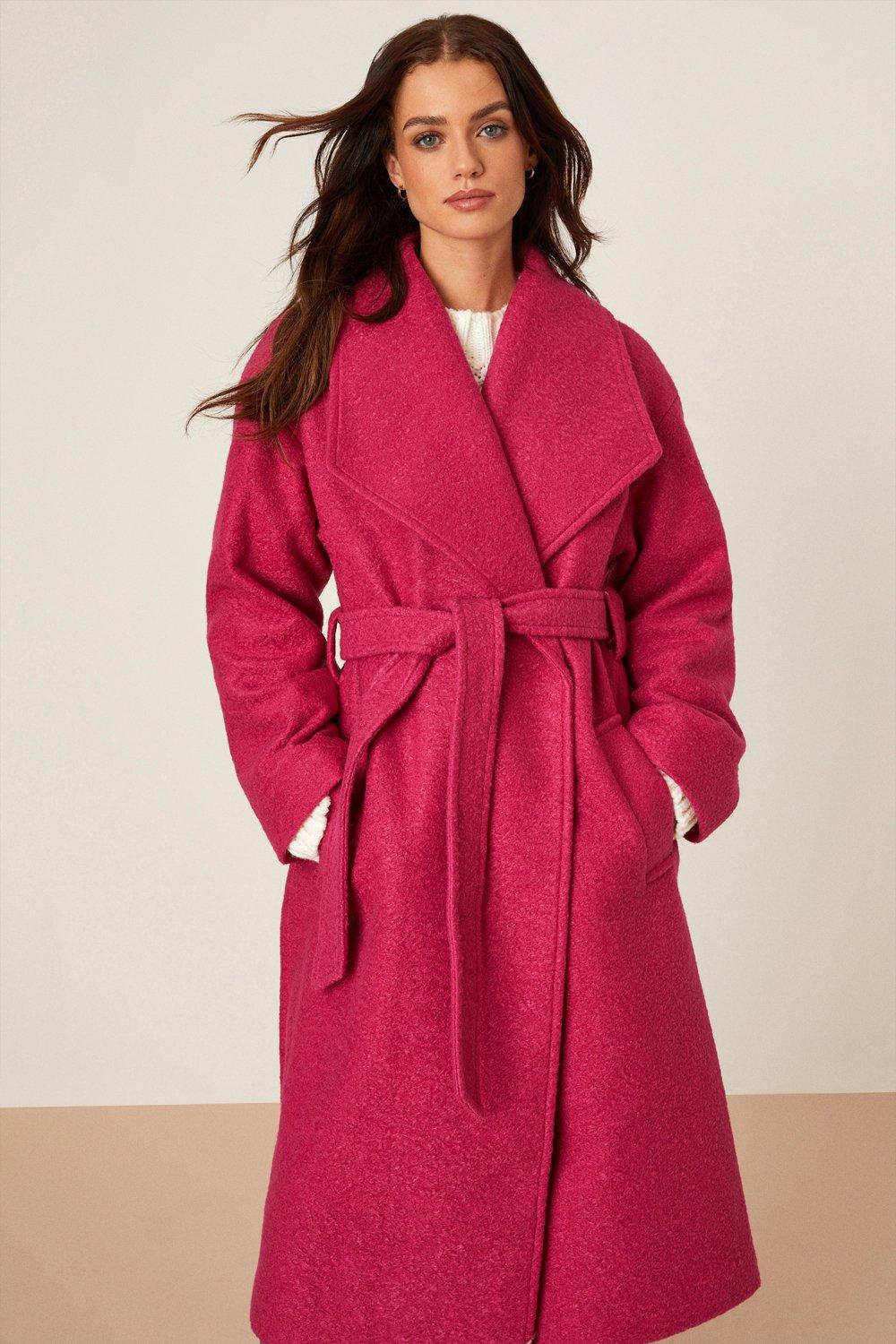 Womens Petite Long Boucle Wrap Coat