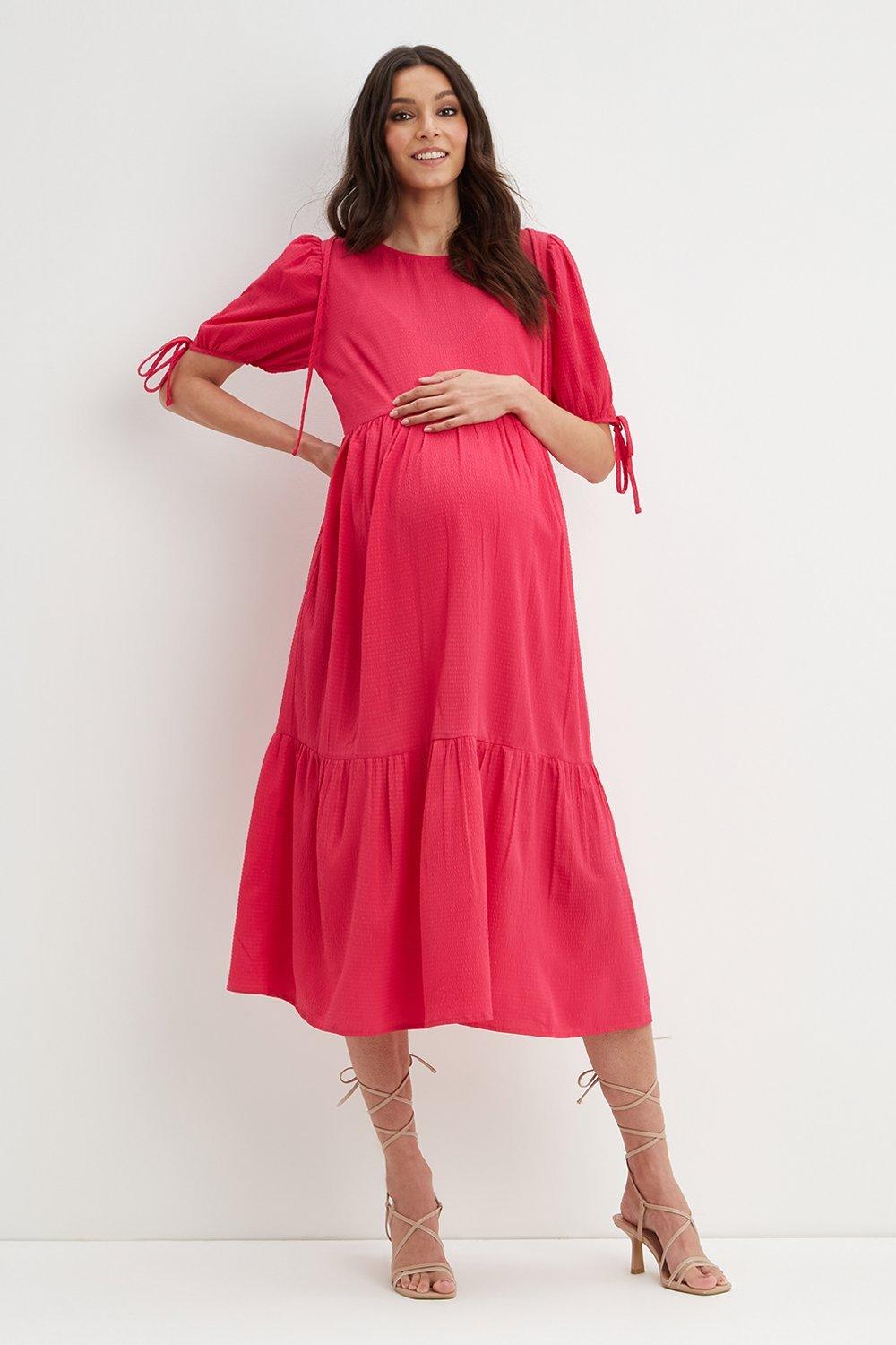 Womens Maternity Pink Puff Sleeve Tiered Midi Dress