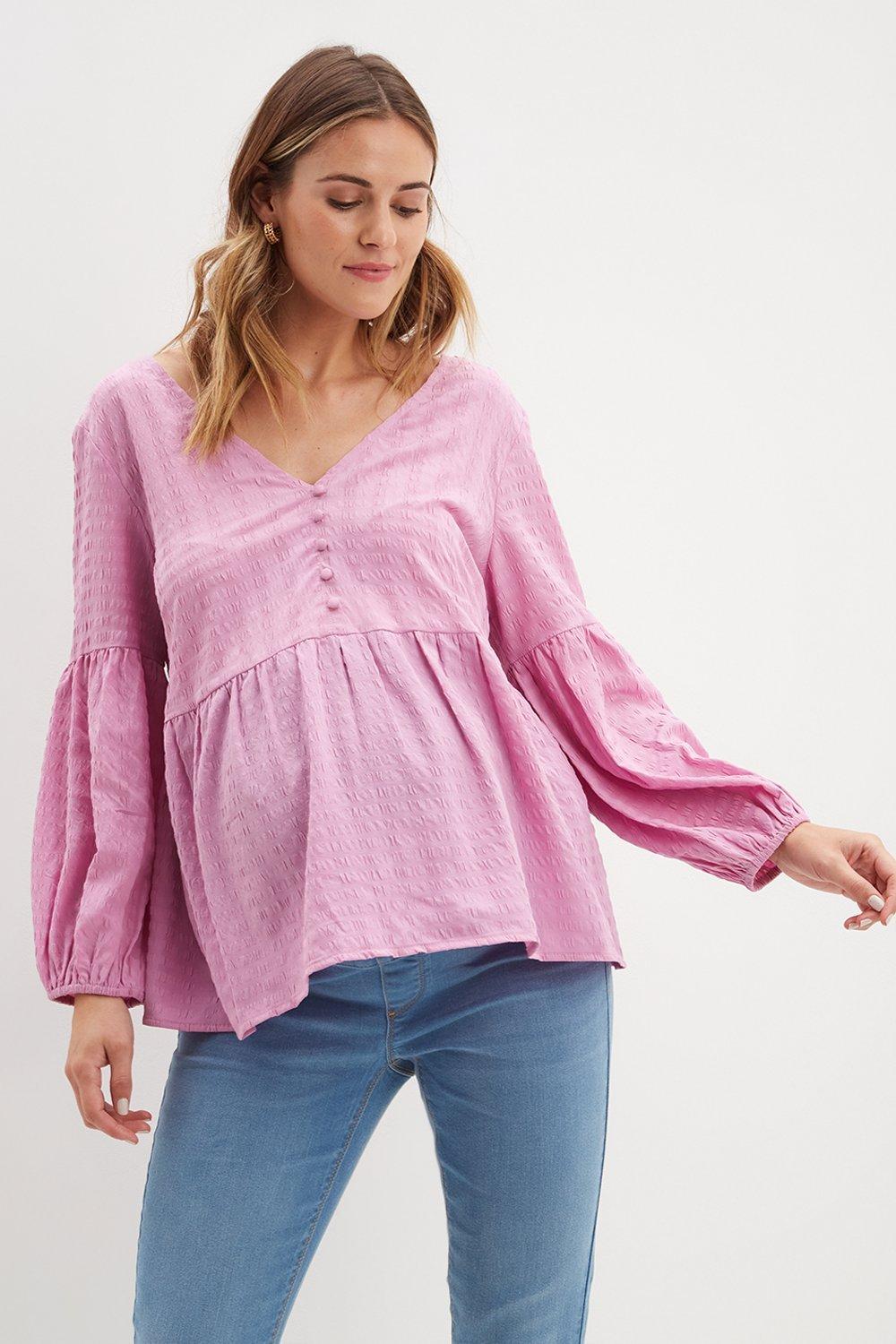 Womens Maternity Pink Textured Button Through Top