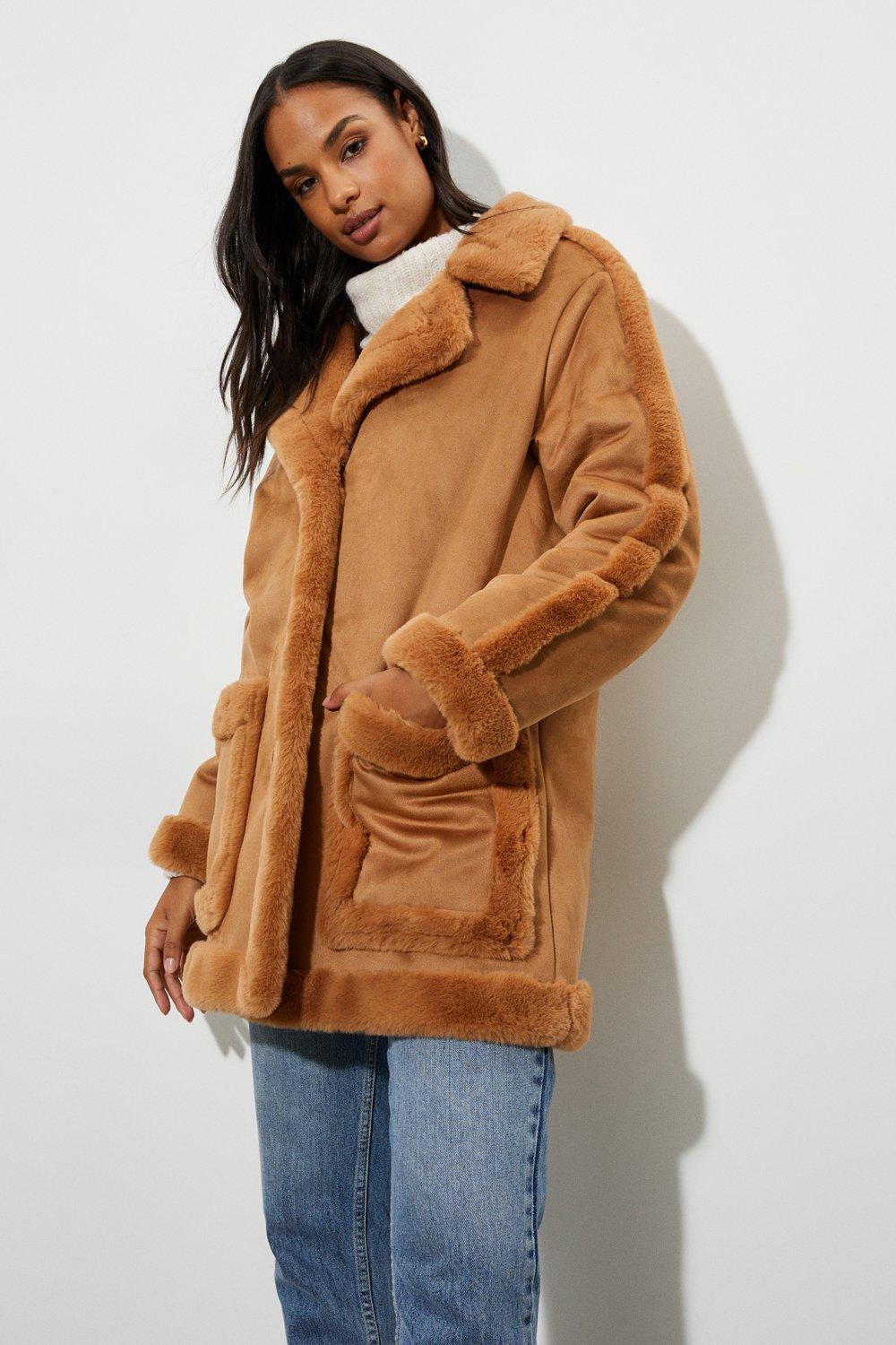 Womens Luxe Faux Fur Suedette Coat