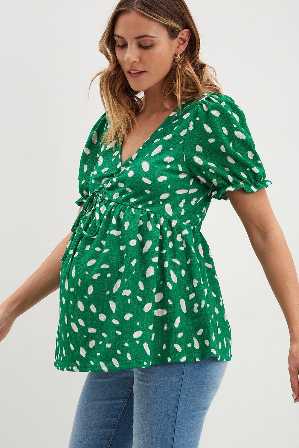 Maternity Green Print V Neck Ruched Front Top