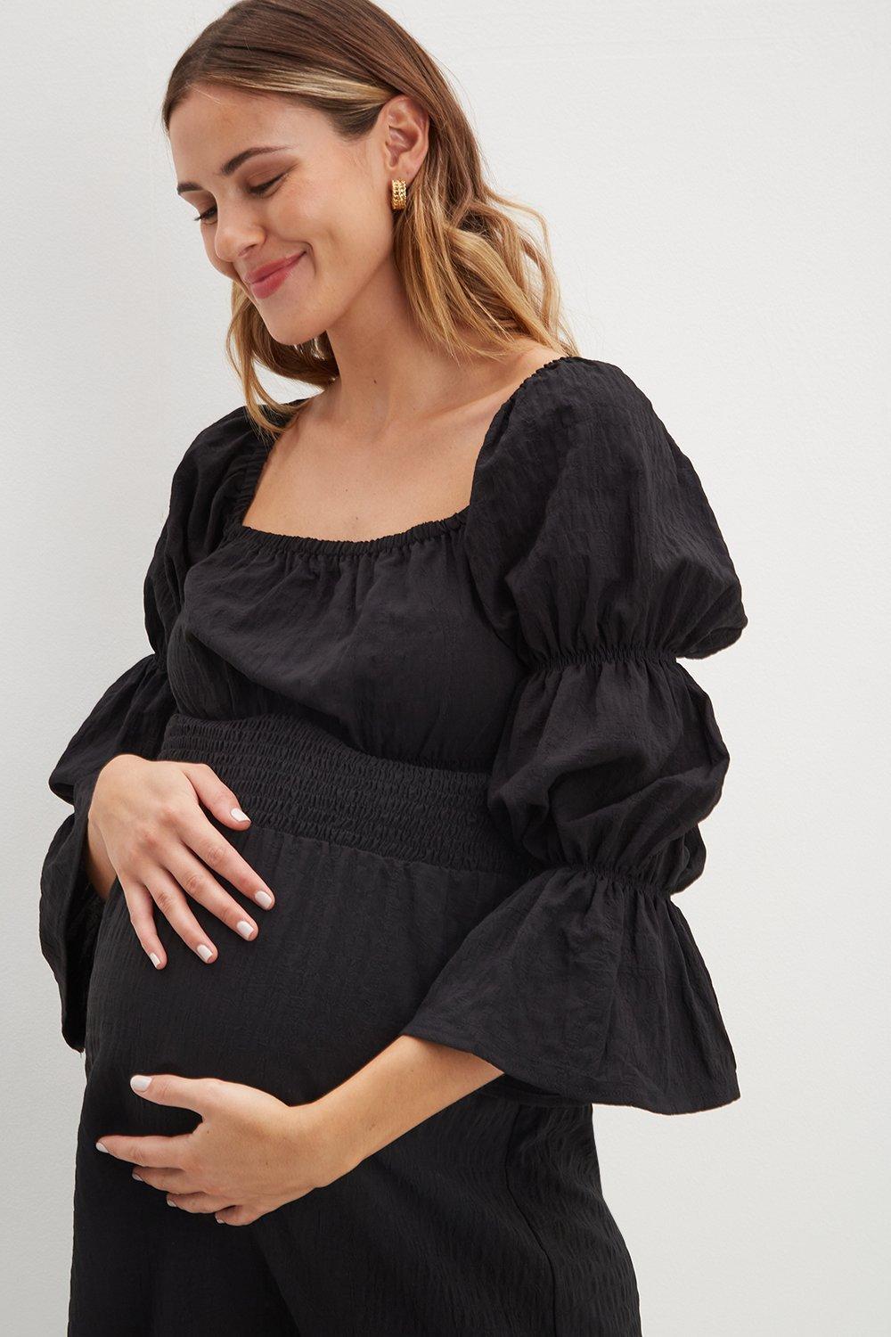 Maternity Puff Sleeve Shirred Midi Dress