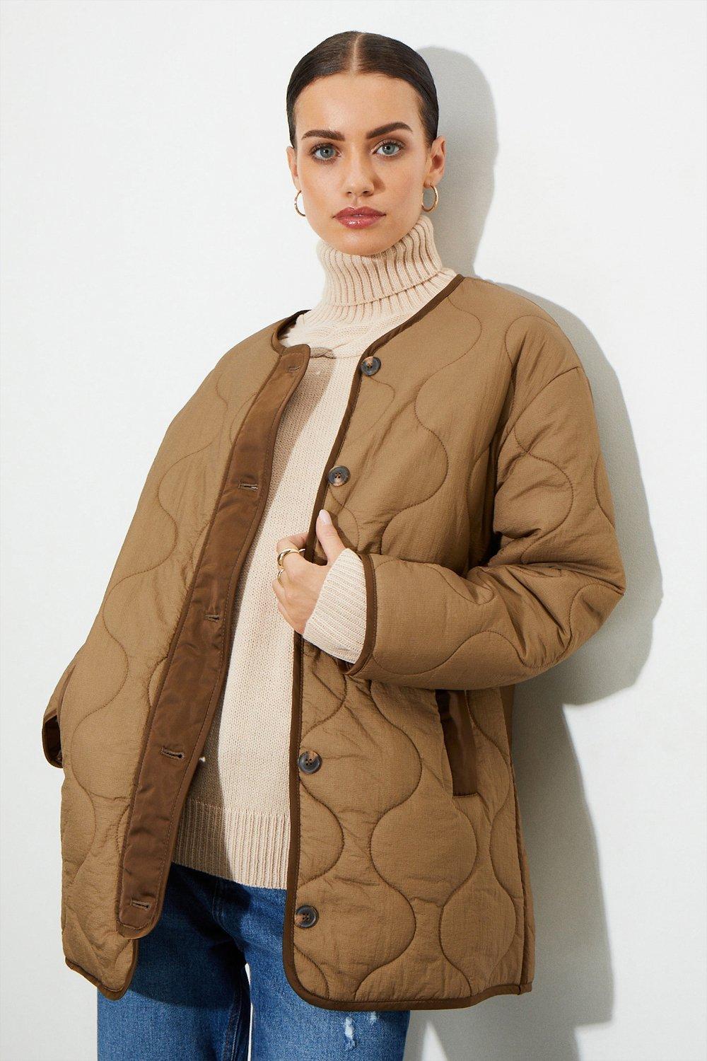 Womens Petite Collarless Contrast Quilted Jacket