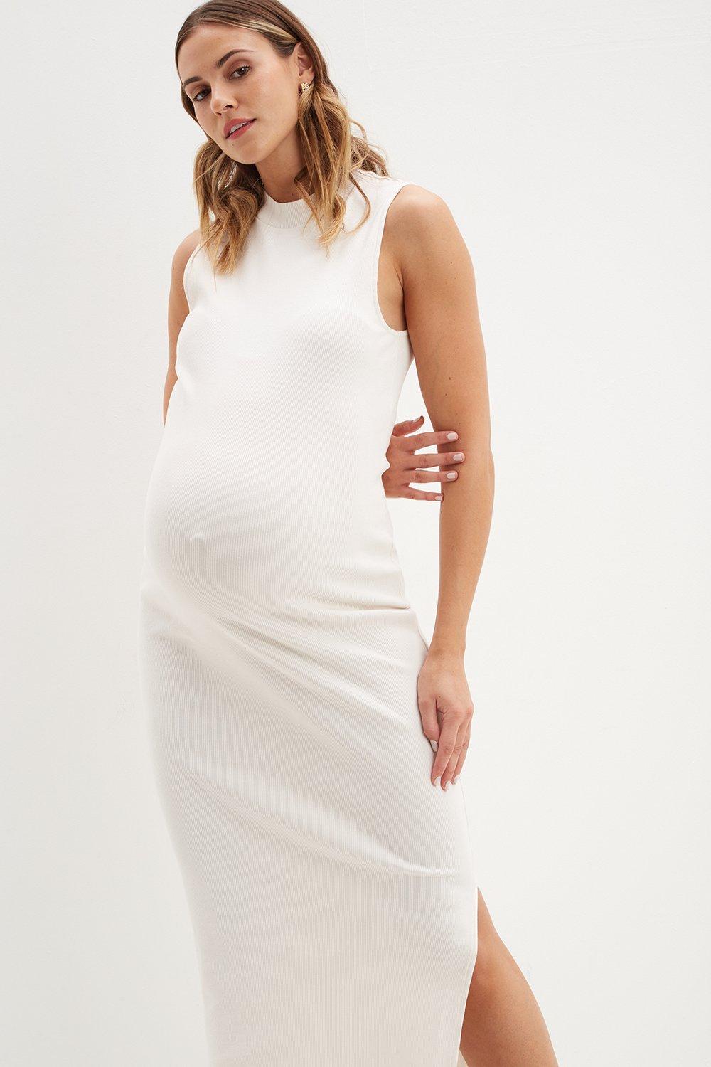 Womens Maternity Cream High Neck Premium Rib Dress
