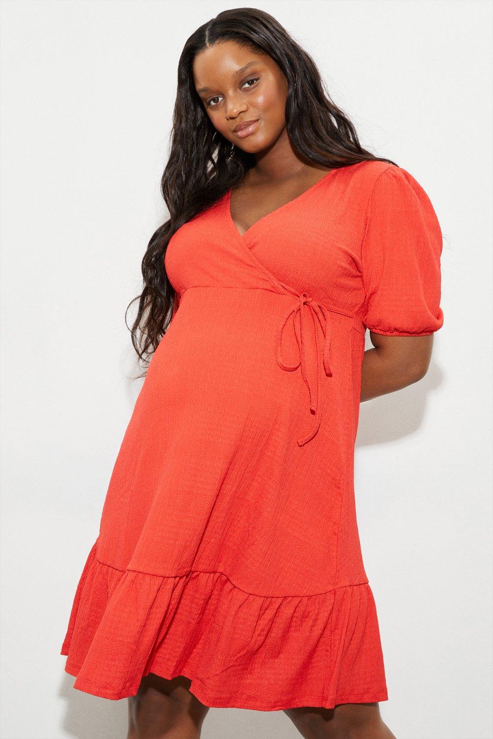Womens Maternity Red Puff Sleeve Mini Dress