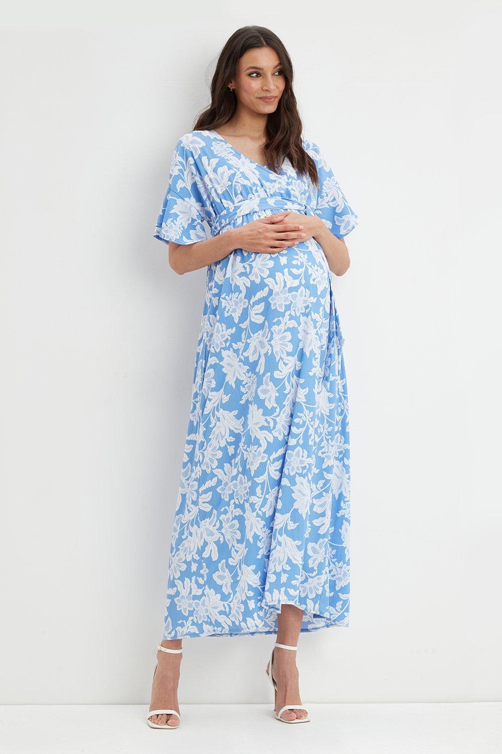 Womens Maternity Blue Crepe Wrap Maxi Dress
