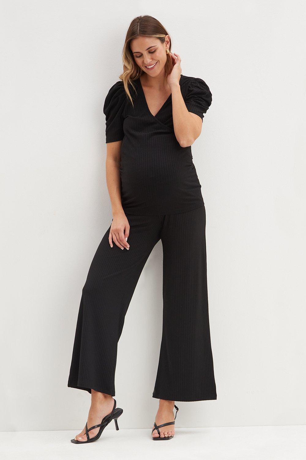 Womens Maternity Black Over Bump Wide Leg Trousers