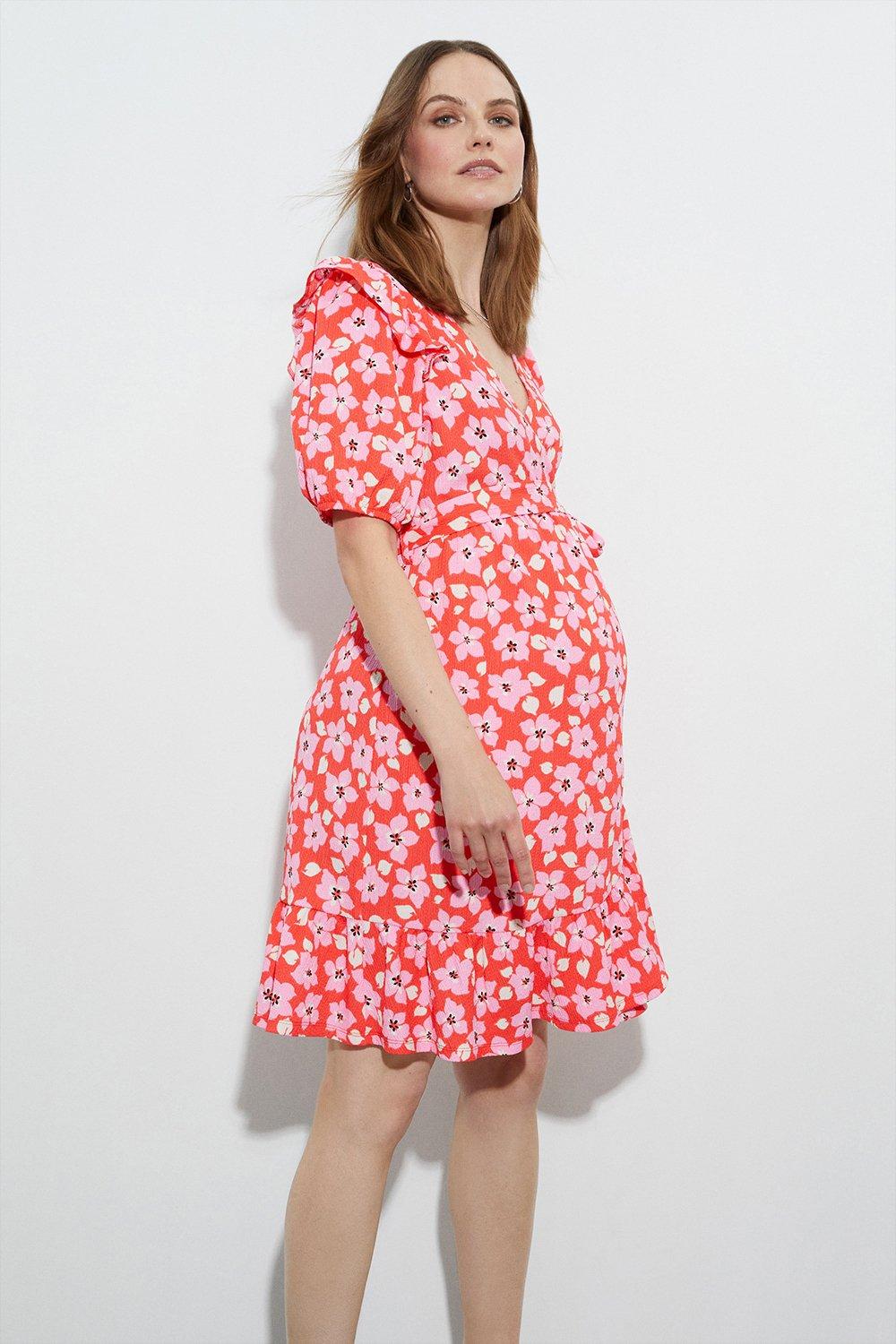 Womens Maternity Red Ditsy Ruffle Wrap Mini Dress
