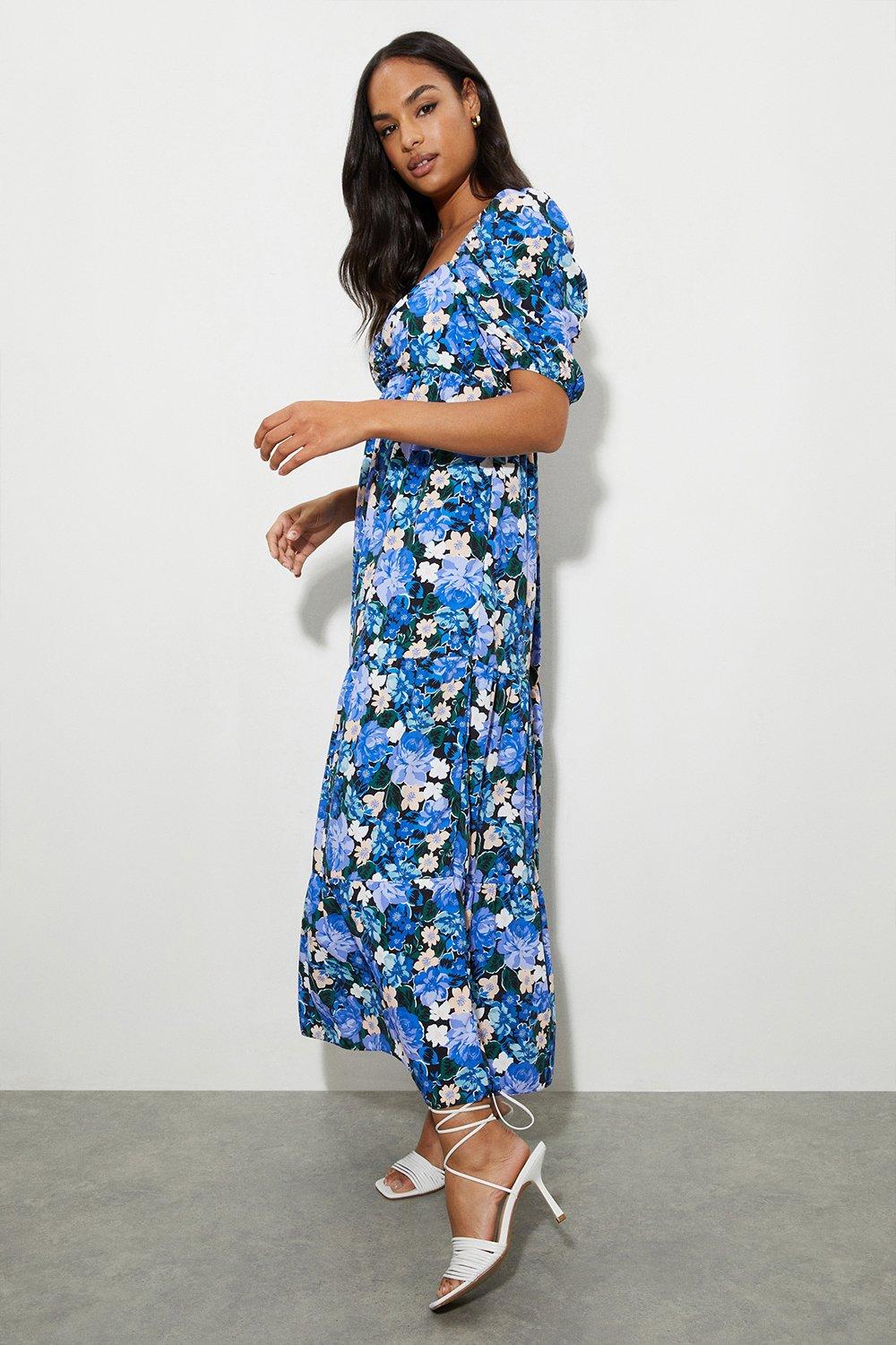 Womens Petite Floral Ruched Front Tiered Midi Dress