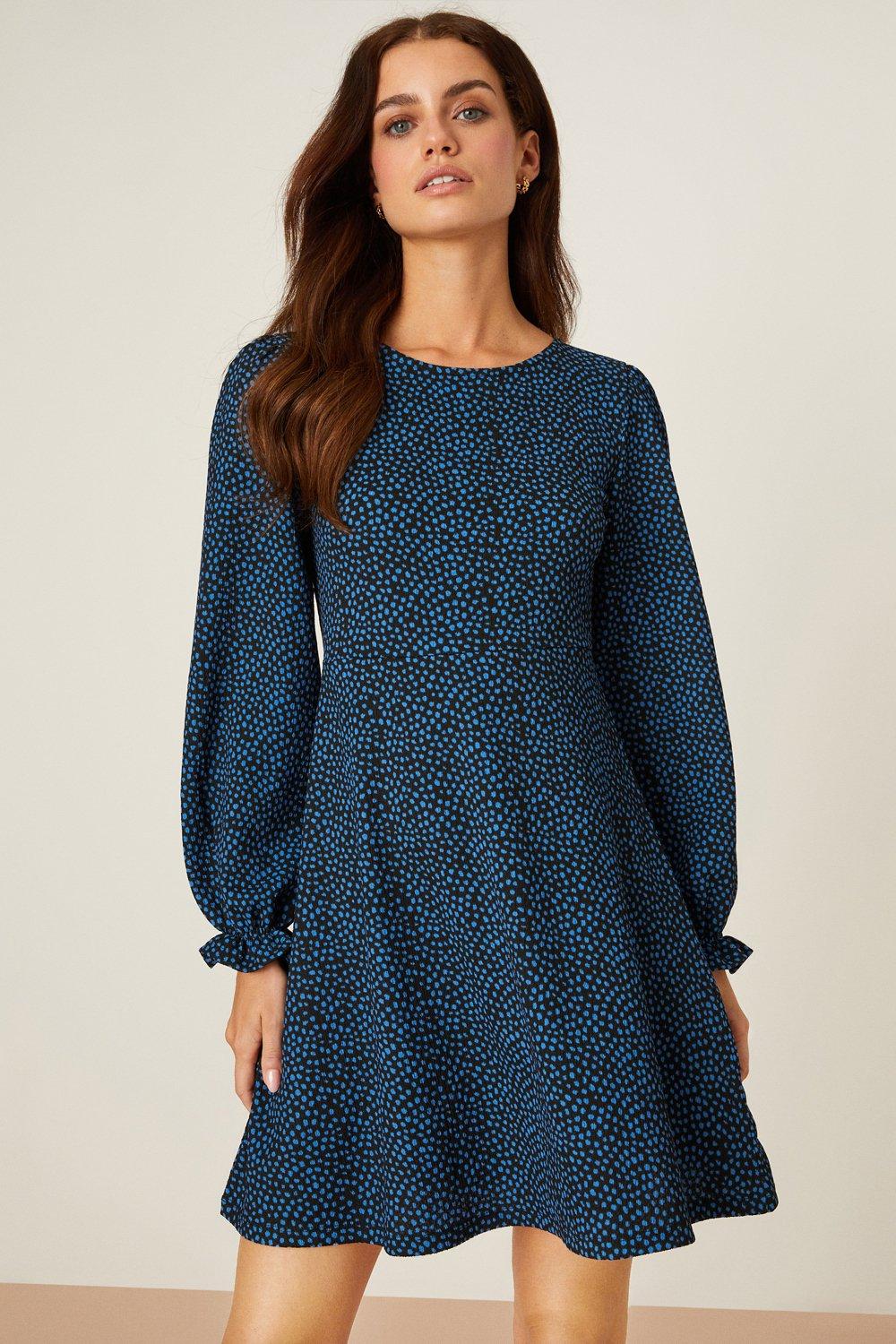 Womens Petite Blue Spot Printed Mini Dress