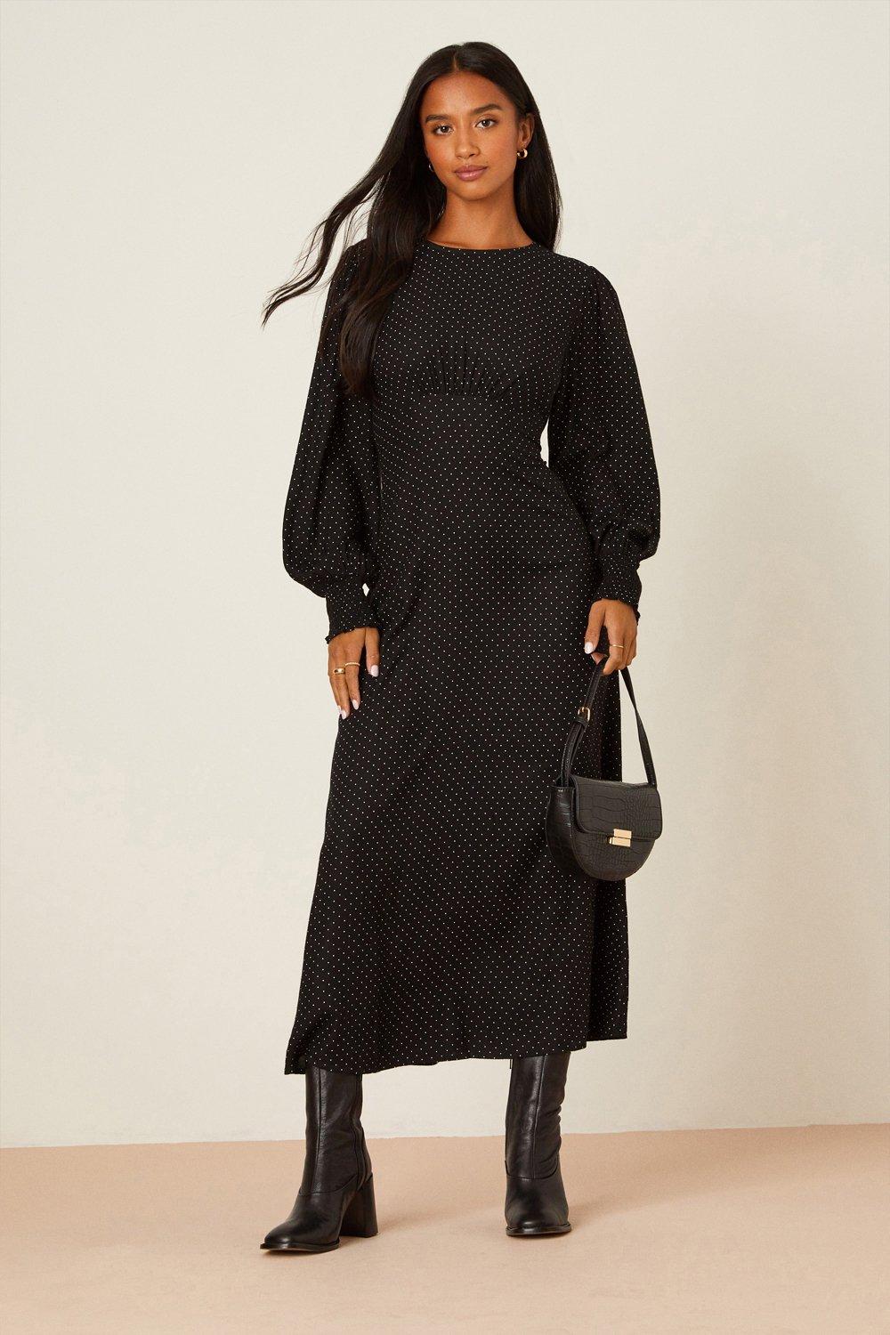 Womens Petite Black Spot Long Sleeve Ruched Cuff Midi Dress