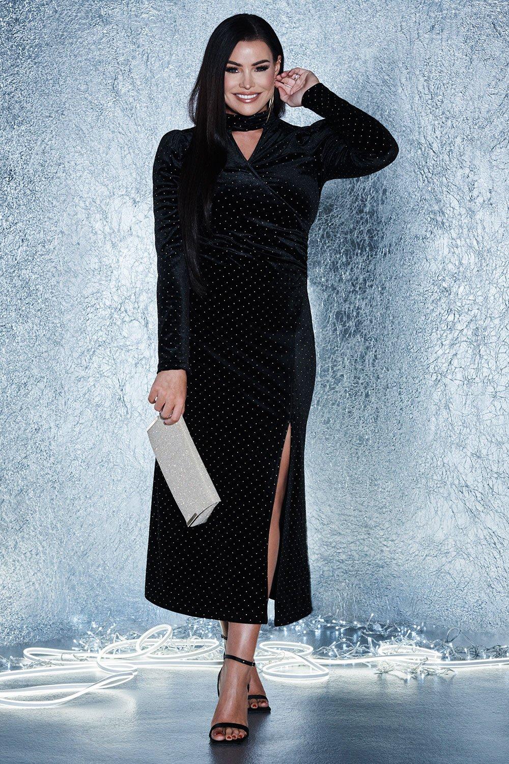Womens Black Studded Velvet Keyhole Wrap Midi Dress