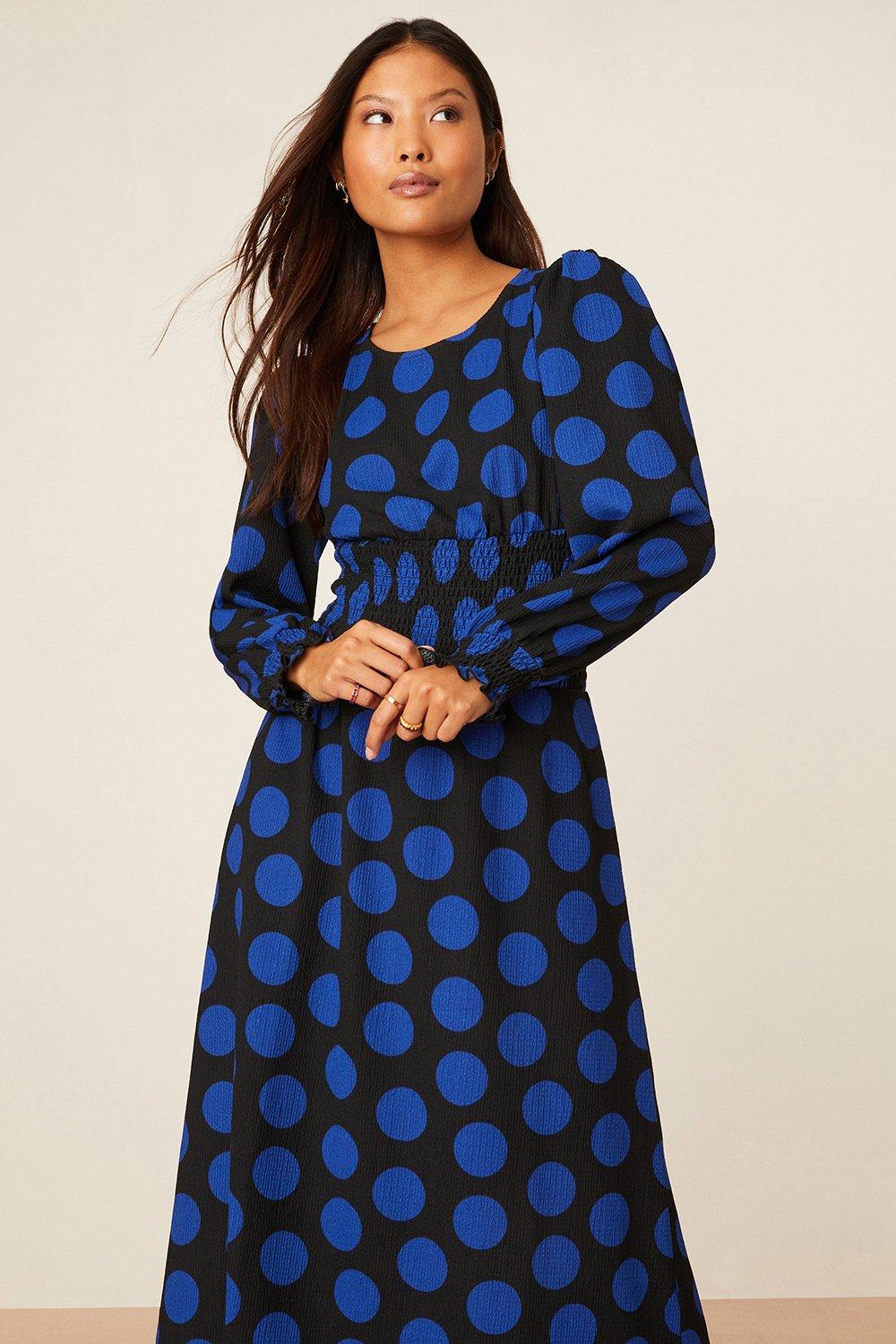 Womens Petite Blue Spot Shirred Waist Textured Midi Dress