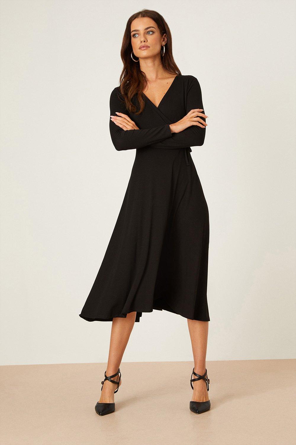 Womens Petite Black Long Sleeve Wrap Midi Dress