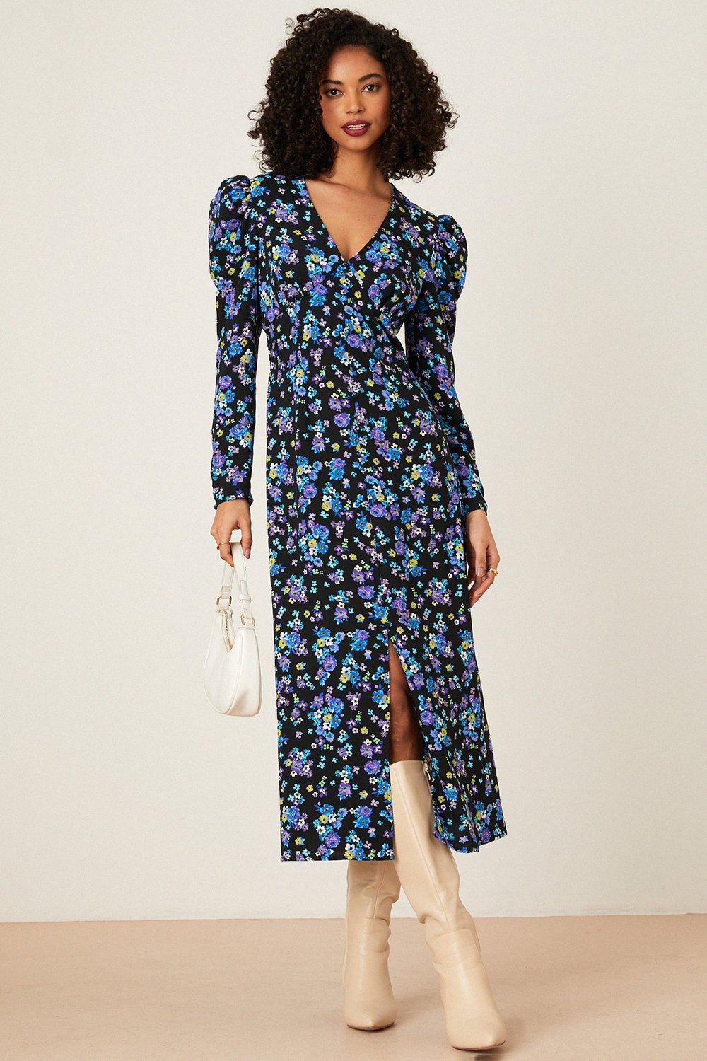 Womens Ditsy Floral Button Front Midi Dress