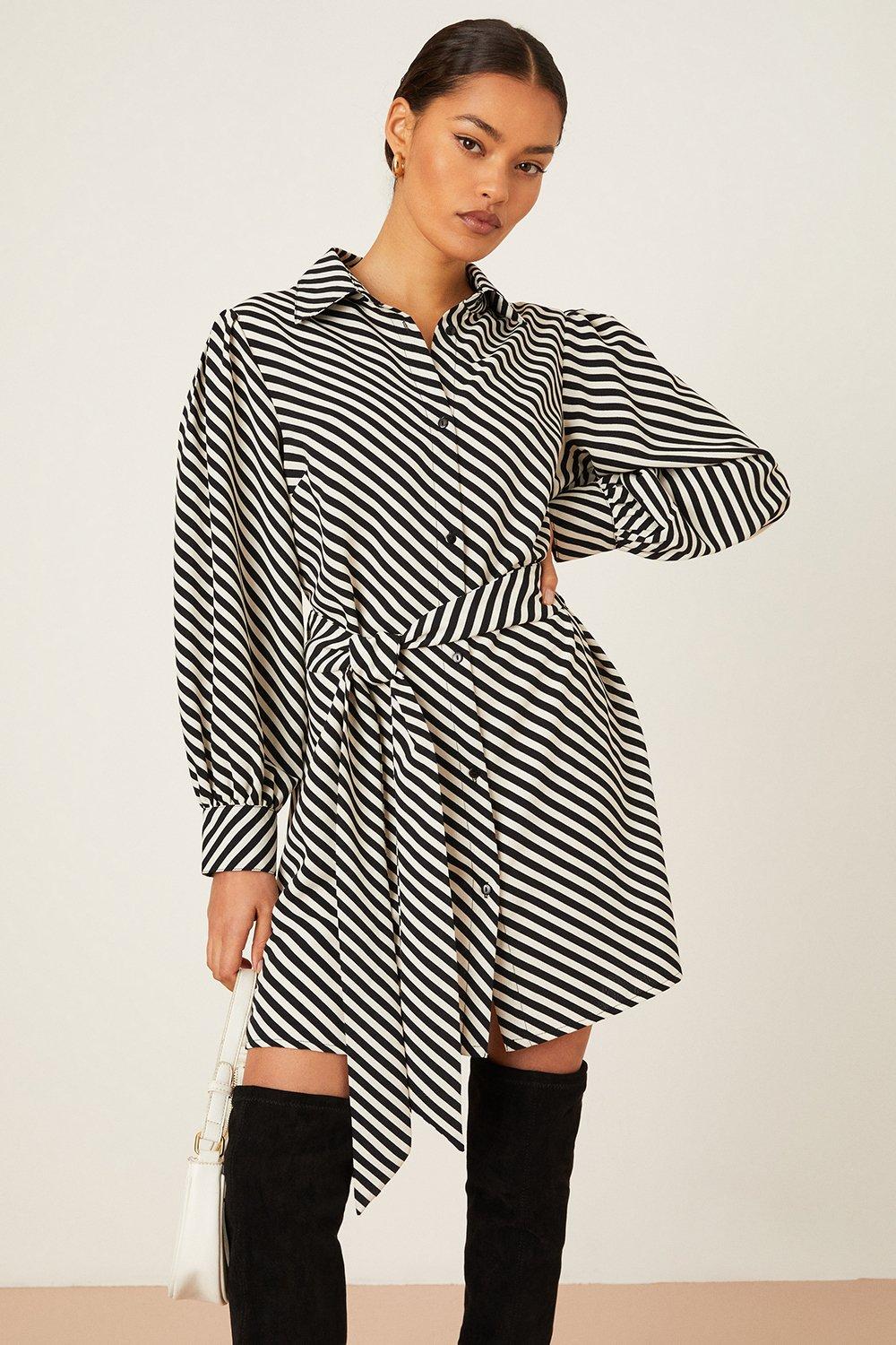 Womens Petite Mono Stripe Mini Shirt Dress