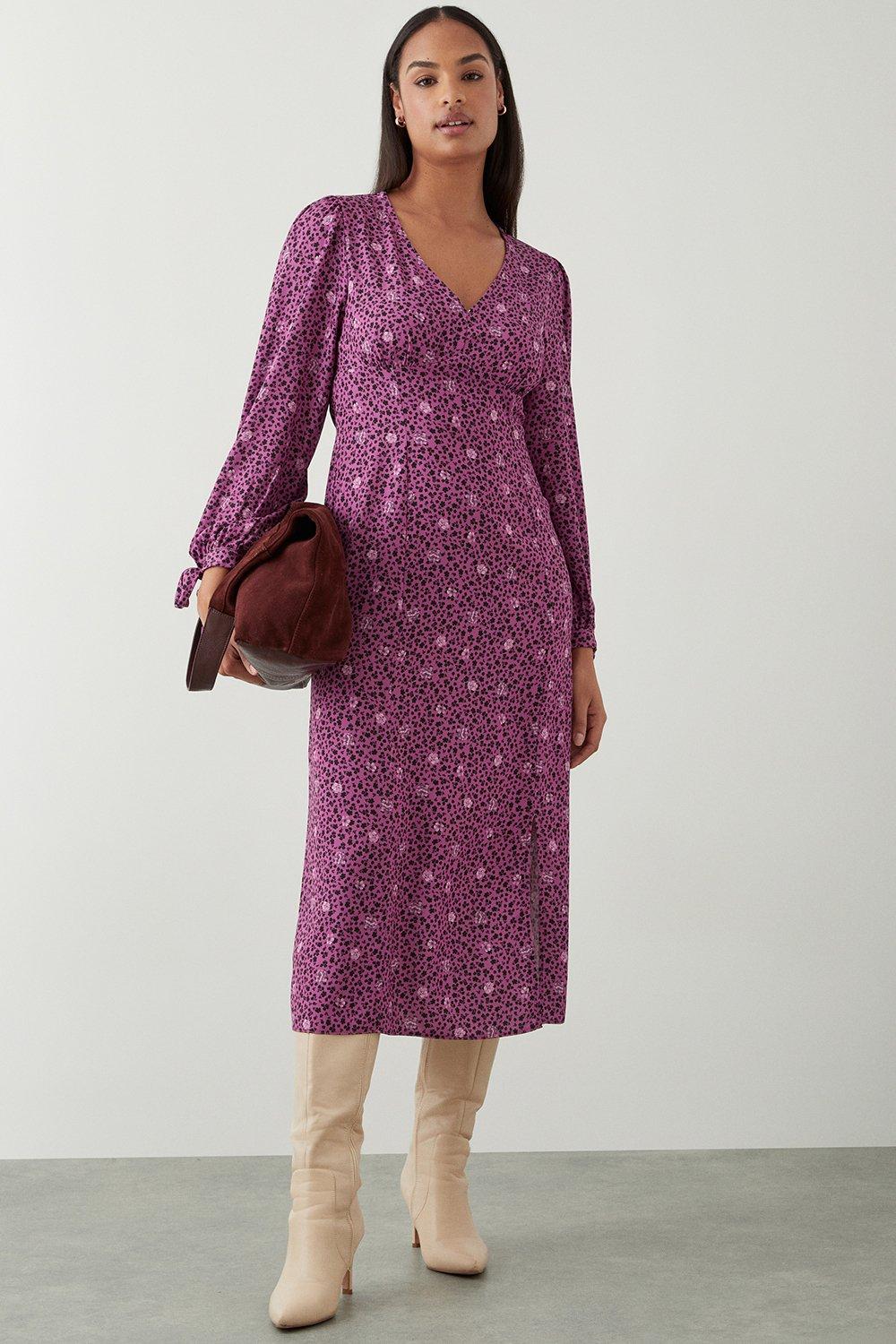 Womens Petite Tie Cuff Purple Floral Midi Dress