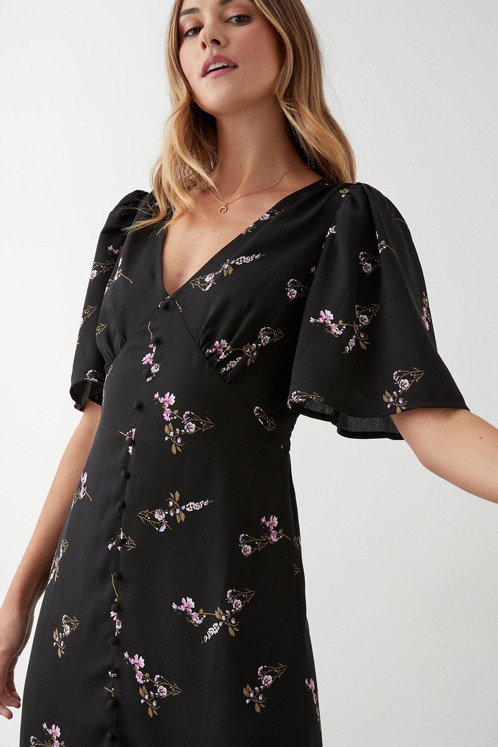 Womens Black Floral Button Through Midi Dress