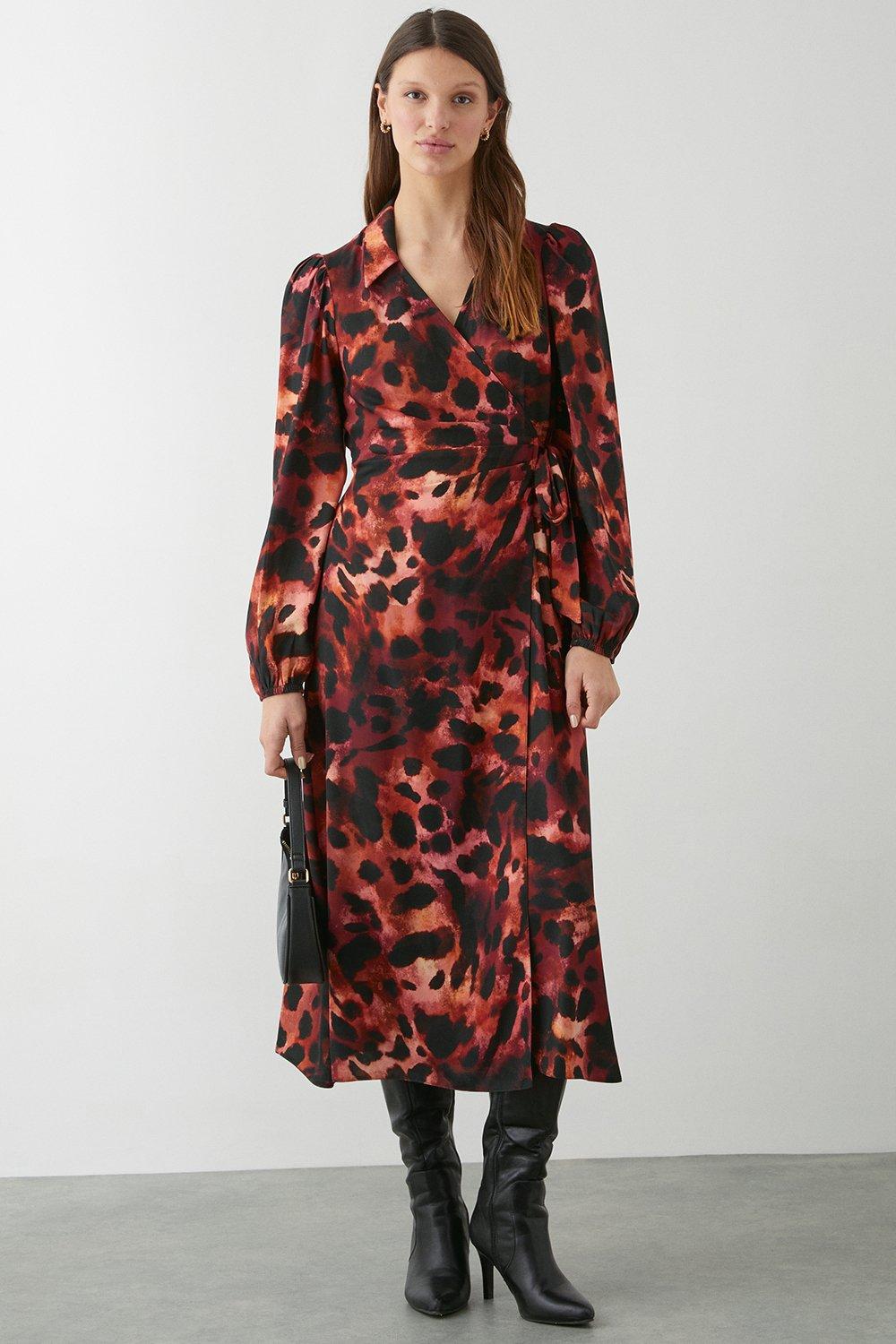 Womens Leopard Print Long Sleeve Wrap Collar Midi Dress
