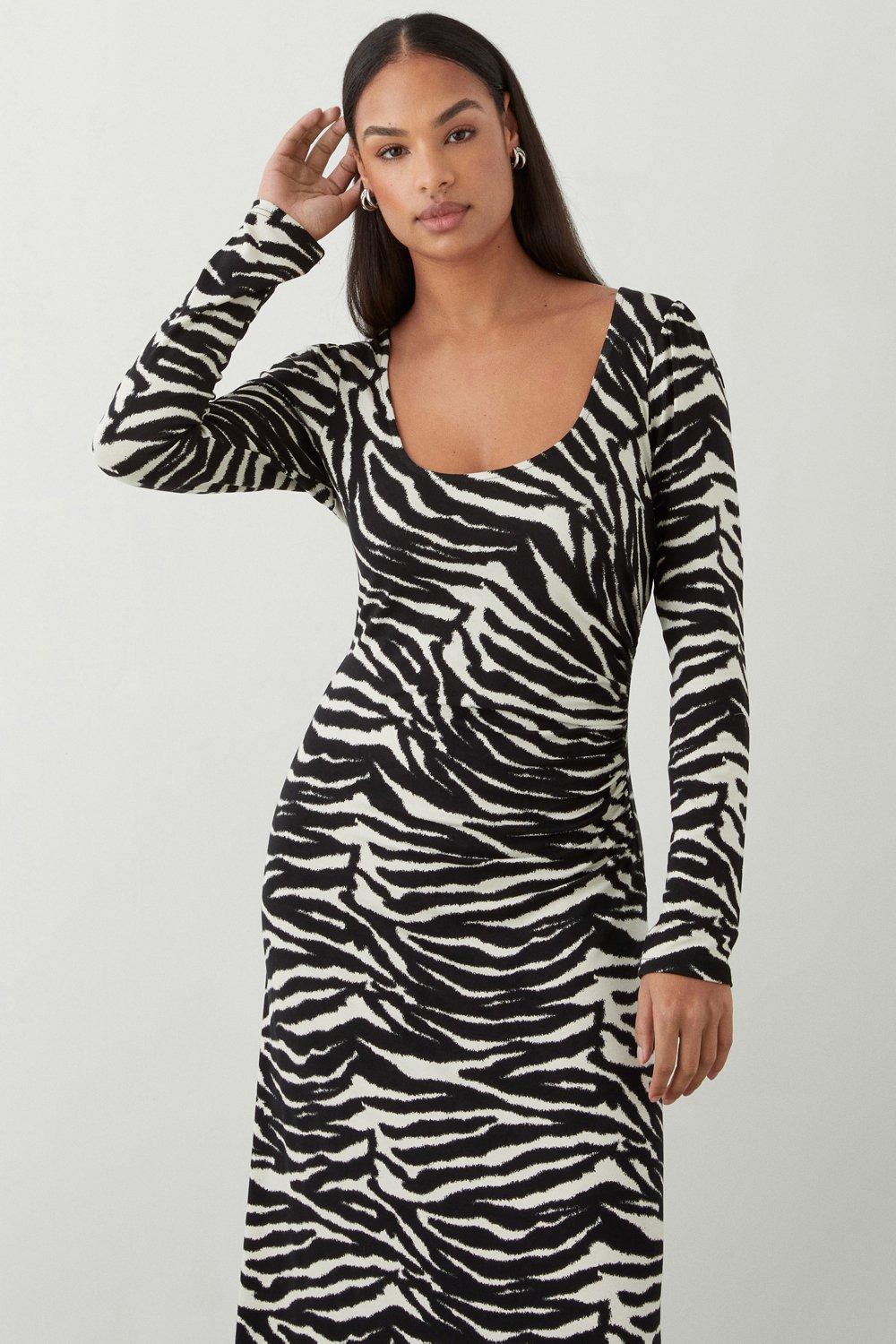 Womens Zebra Print Scoop Neck Long Sleeve Ruched Midi Dress